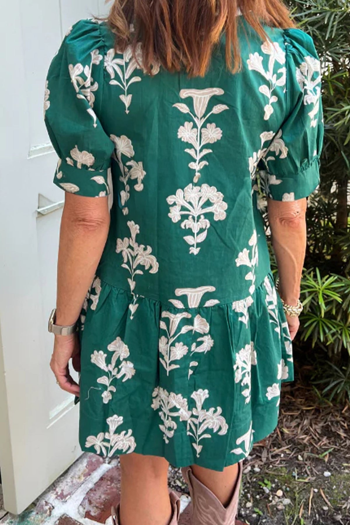 Green Frilled V Neck Puff Short Sleeve Floral Mini Dress