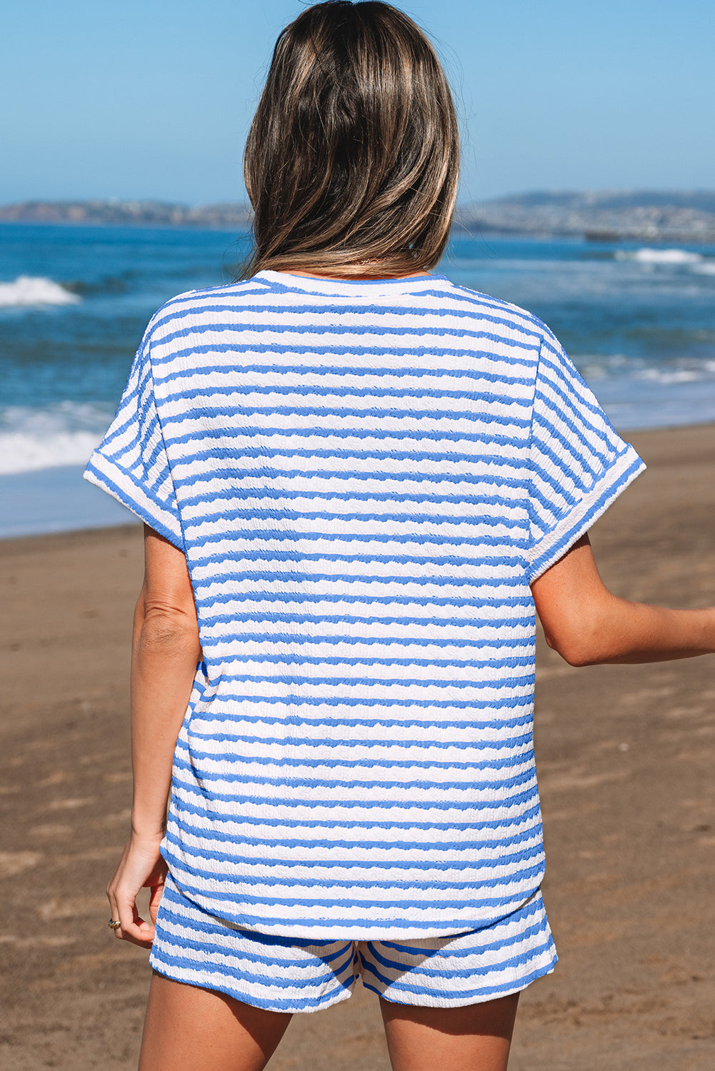 Women's Pink Stripe Knitted Short-Sleeve Top & Shorts Set