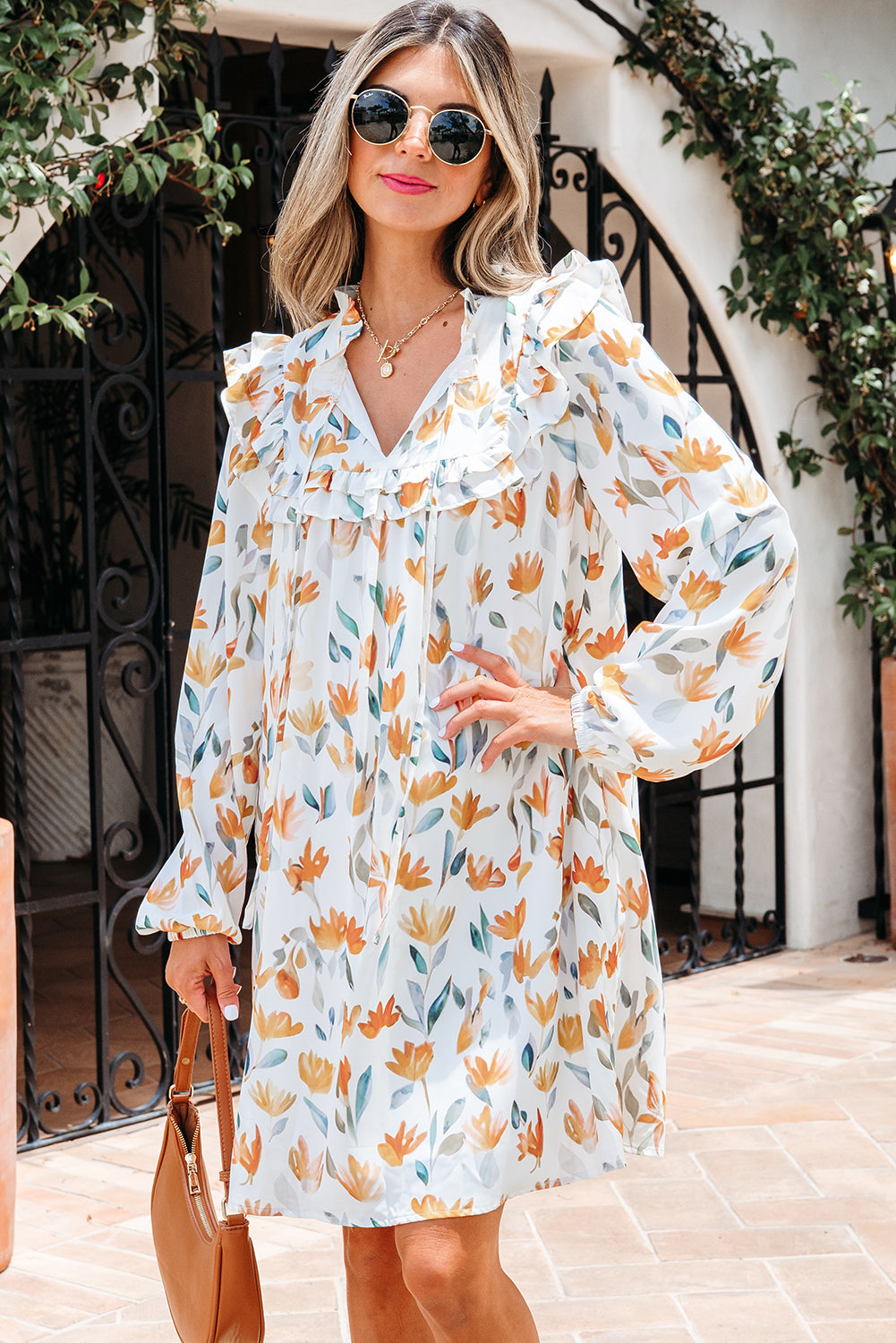 Yellow Floral Print Tie Neck Detail Long Sleeve Mini Dress