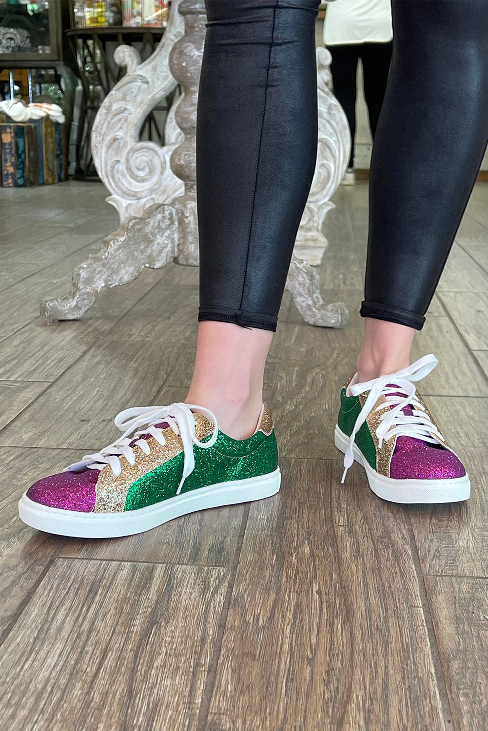 Deep Green Mardi Gras Triple Color Sequin Lace-Up Sneakers