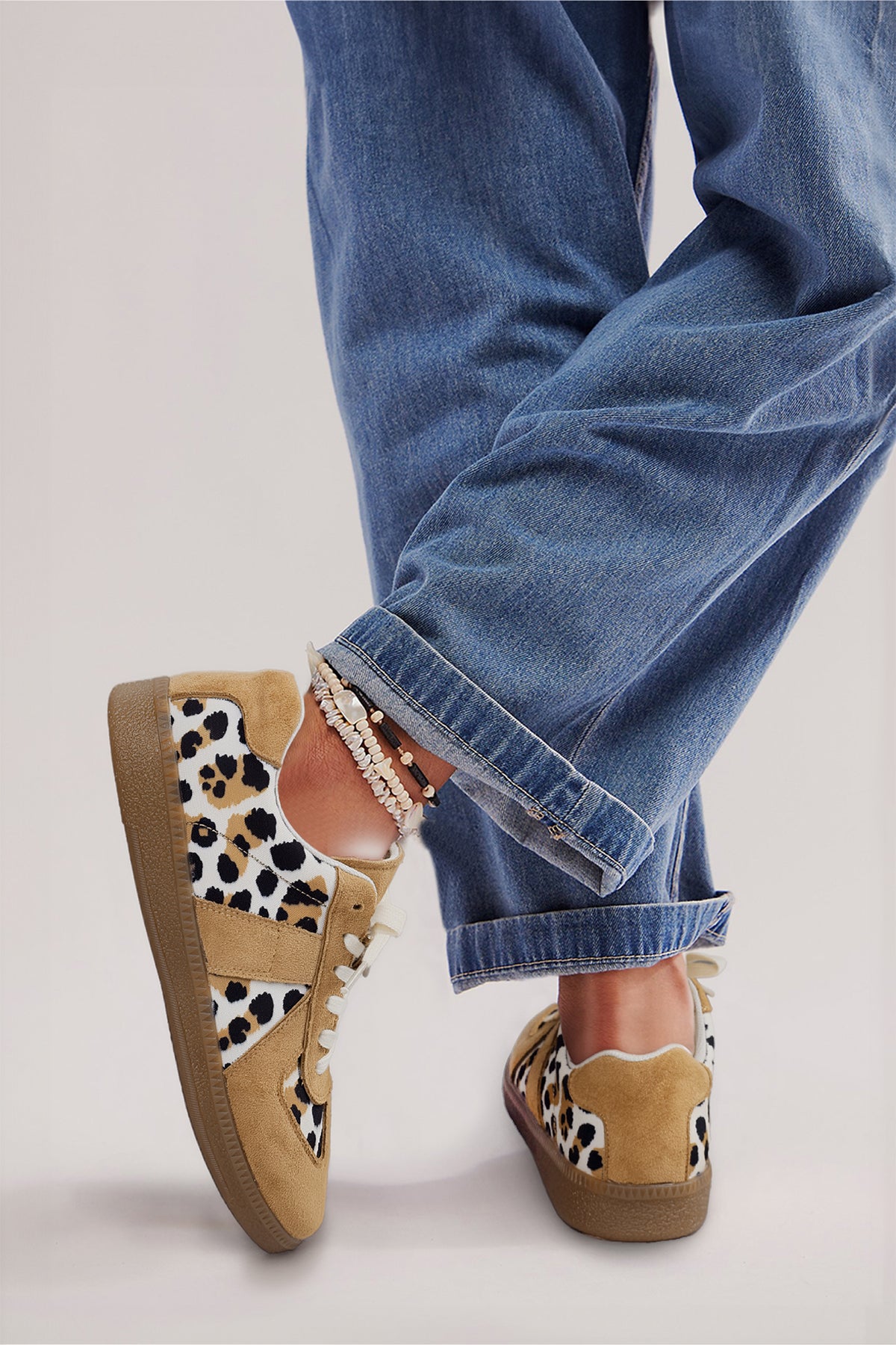 Light French Beige Color Block Leopard Print Patchwork Lace-up Sneakers