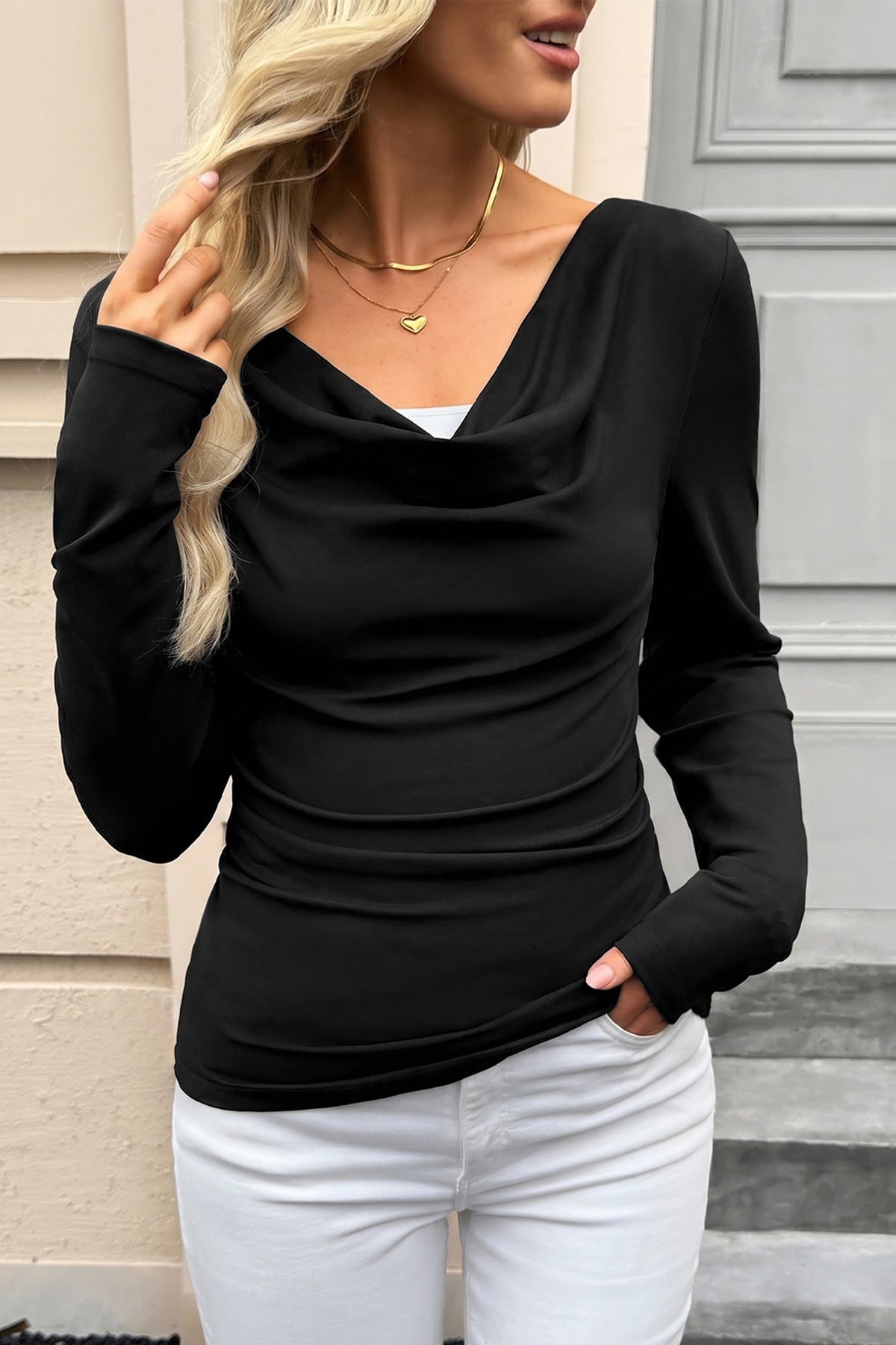 Black Color Block Drape V Neck Pleated Top