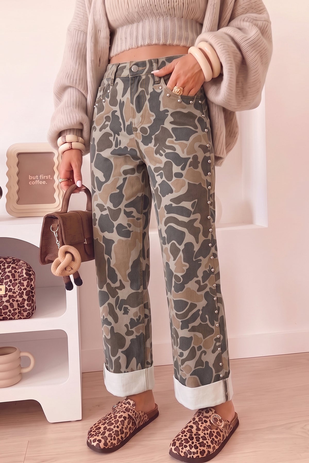 Multicolor Camo Studded Straight Leg Jeans