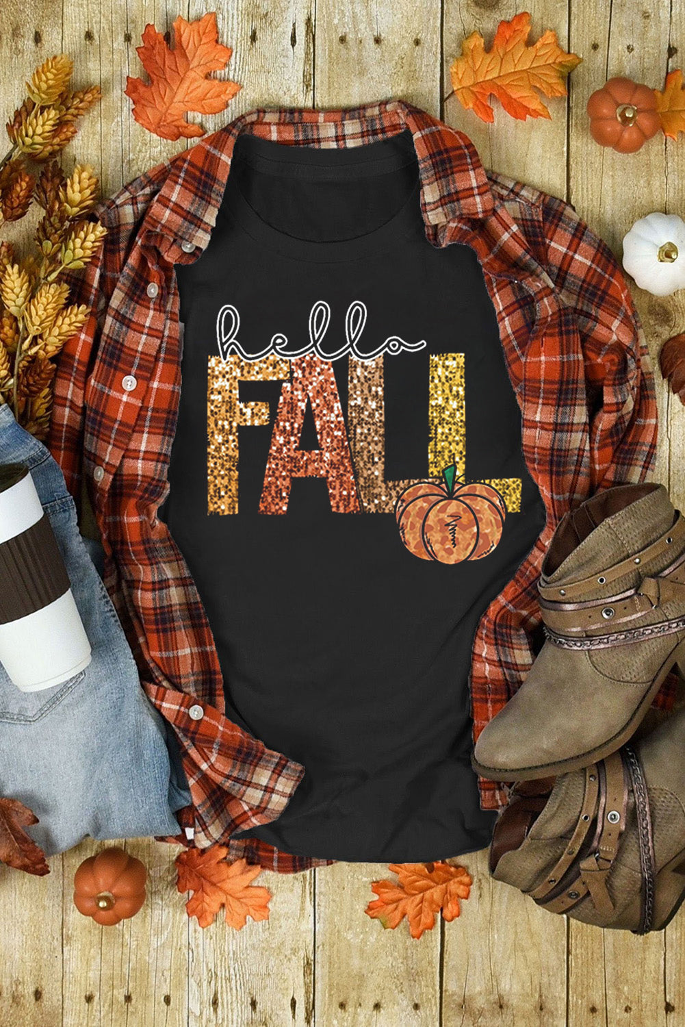 Black Hello Fall Letter Pumpkin Printed Thanksgiving T-Shirt