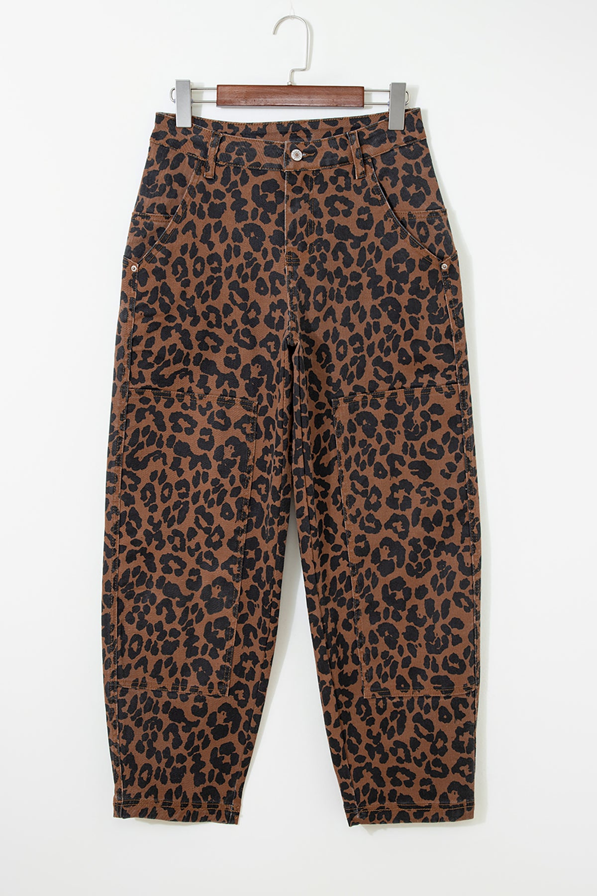 Brown Clear Seam Patchwork Leopard Print Barrel Jeans