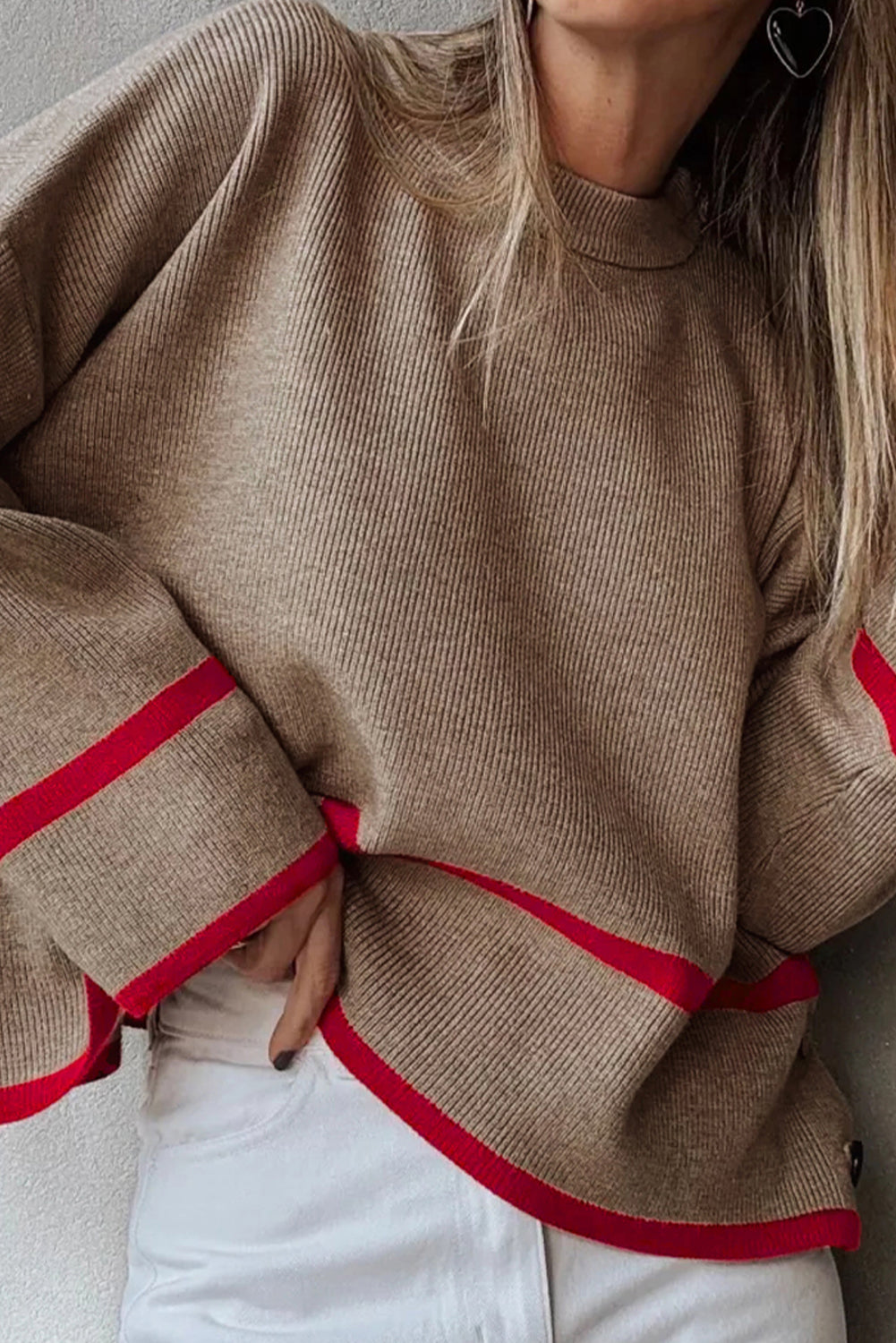 Simply Taupe Ribbed Knit Contrasted Stripe Detail Button Side Sweater