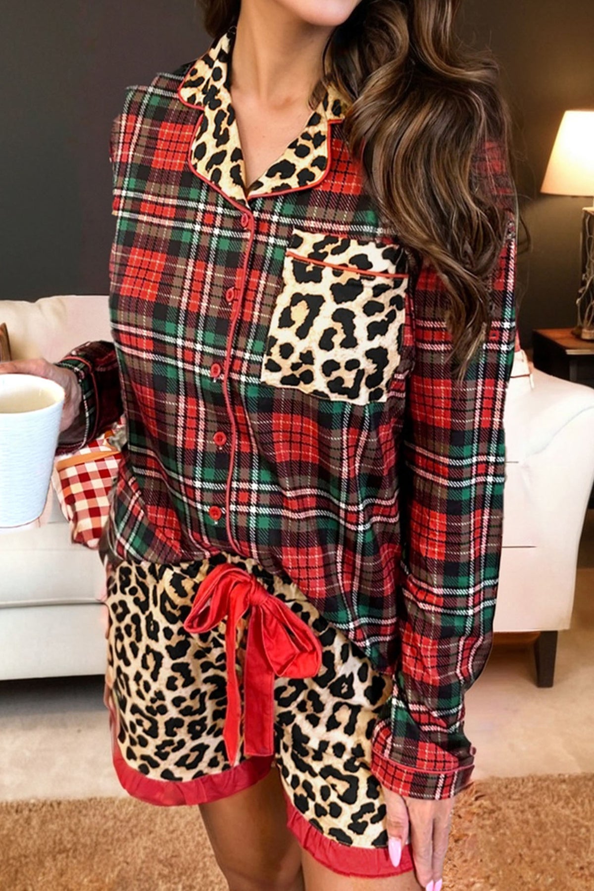 Racing Red Plaid Leopard Patchwork Long Sleeve Shorts Pajama Set