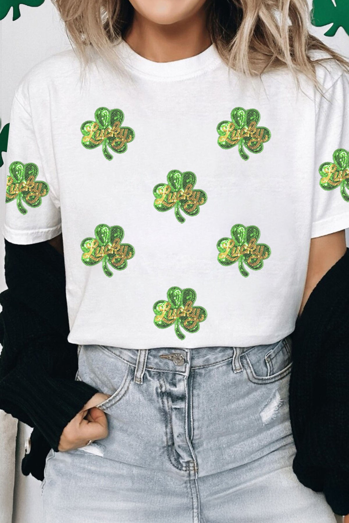 White Sequin Lucky Clover Patched Casual Round Neck Tee