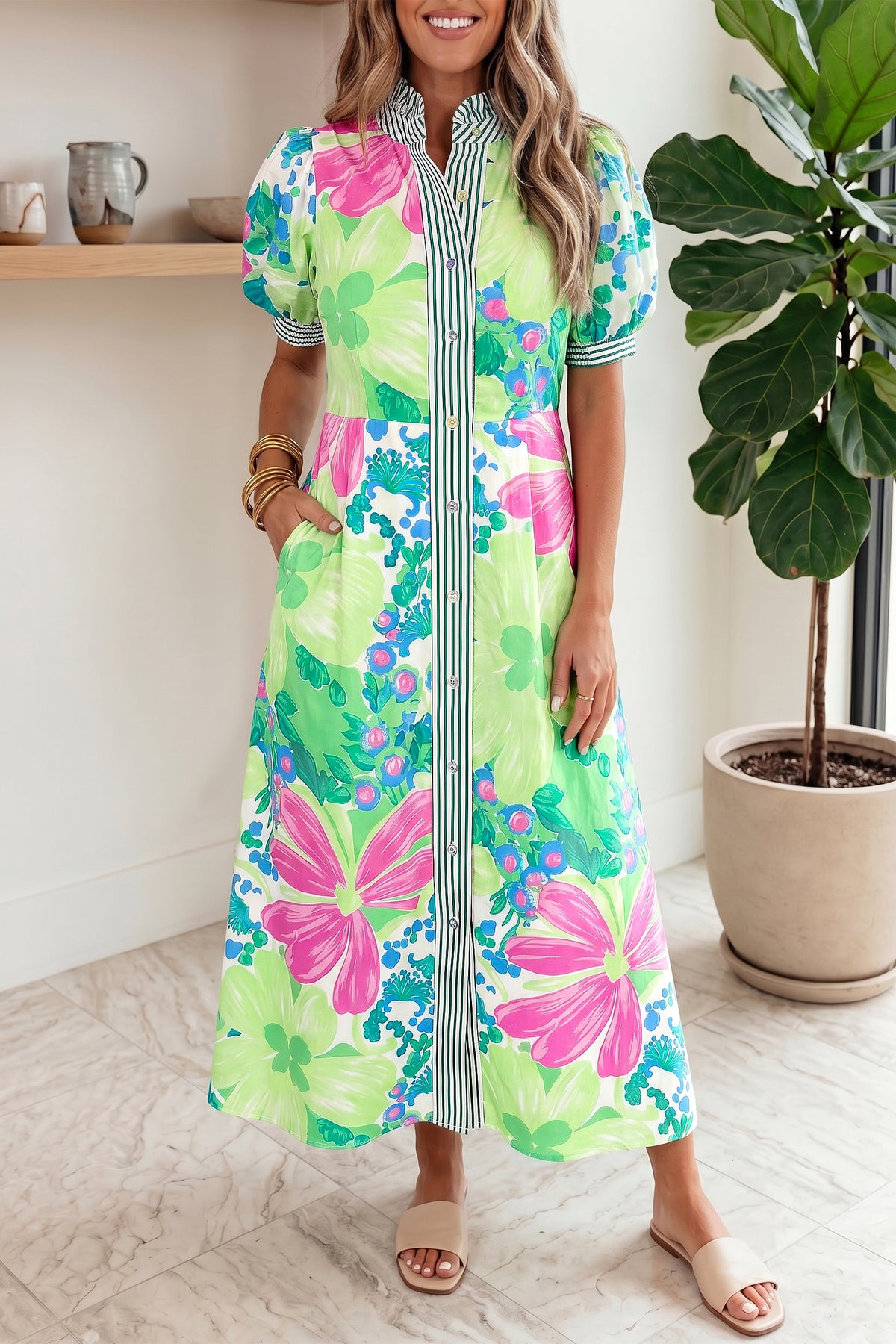 Green Stripe Floral Print Striped Short Sleeve Vacation Dress