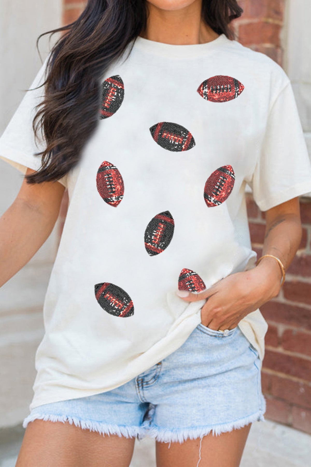 White Sequin Rugby Pattern Round Neck Casual T-Shirt