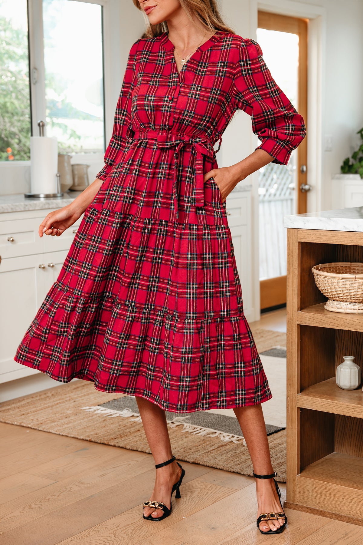 Red Christmas Plaid V Neck 3/4 Sleeve Ruffle Hem Long Dress