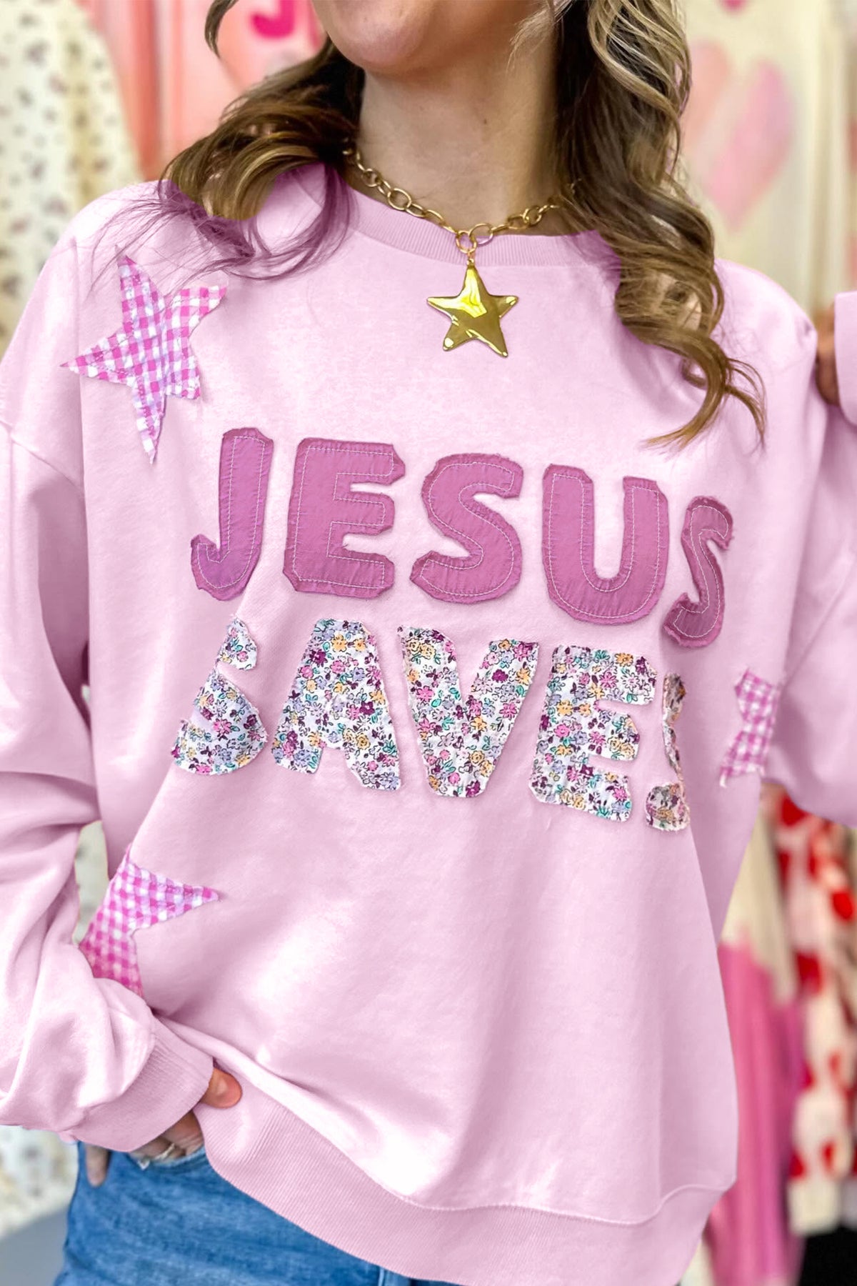 Pink JESUS SAVES Gingham Star Plus Size Sweatshirt