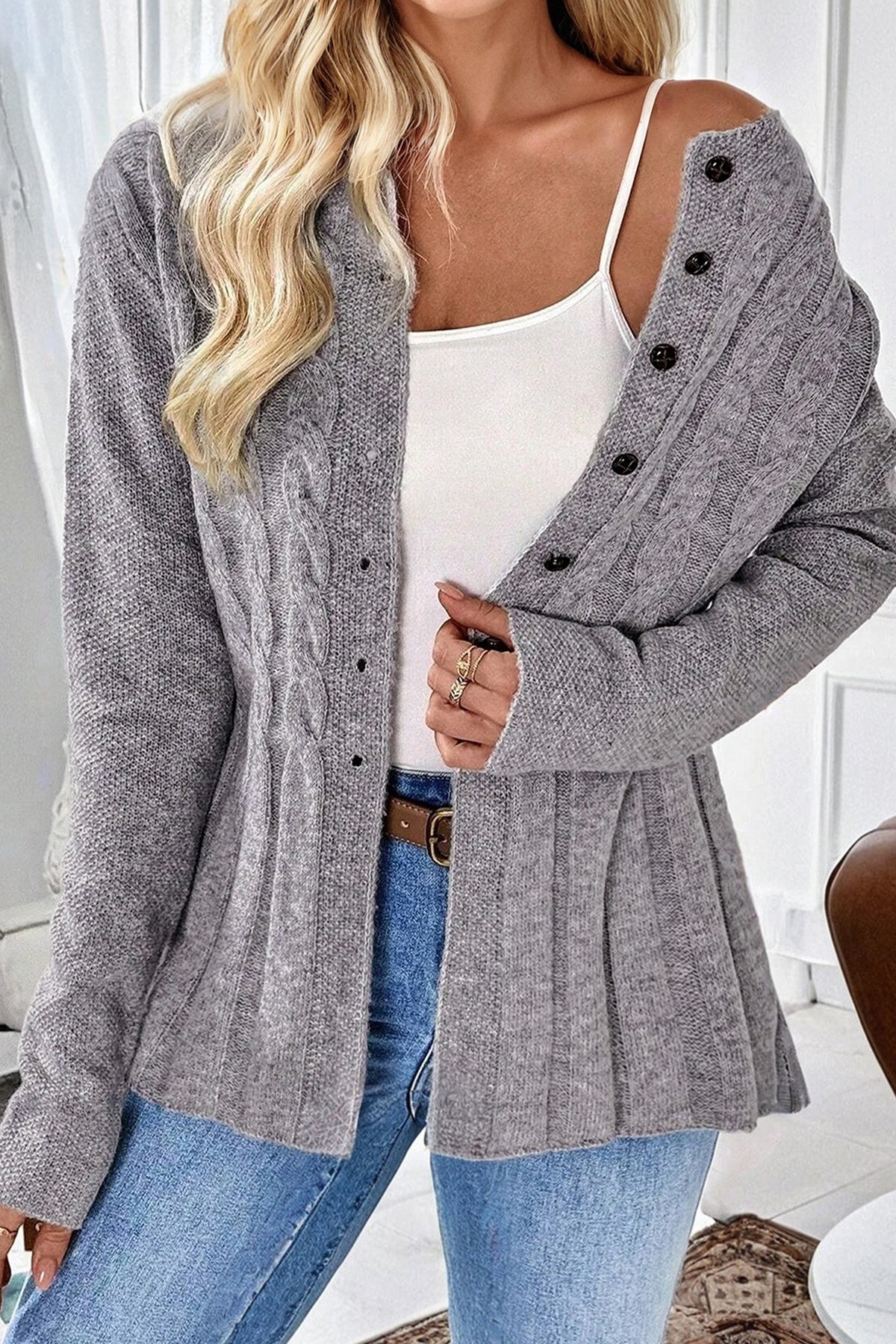 High Cable Knit Cardigan Sweater