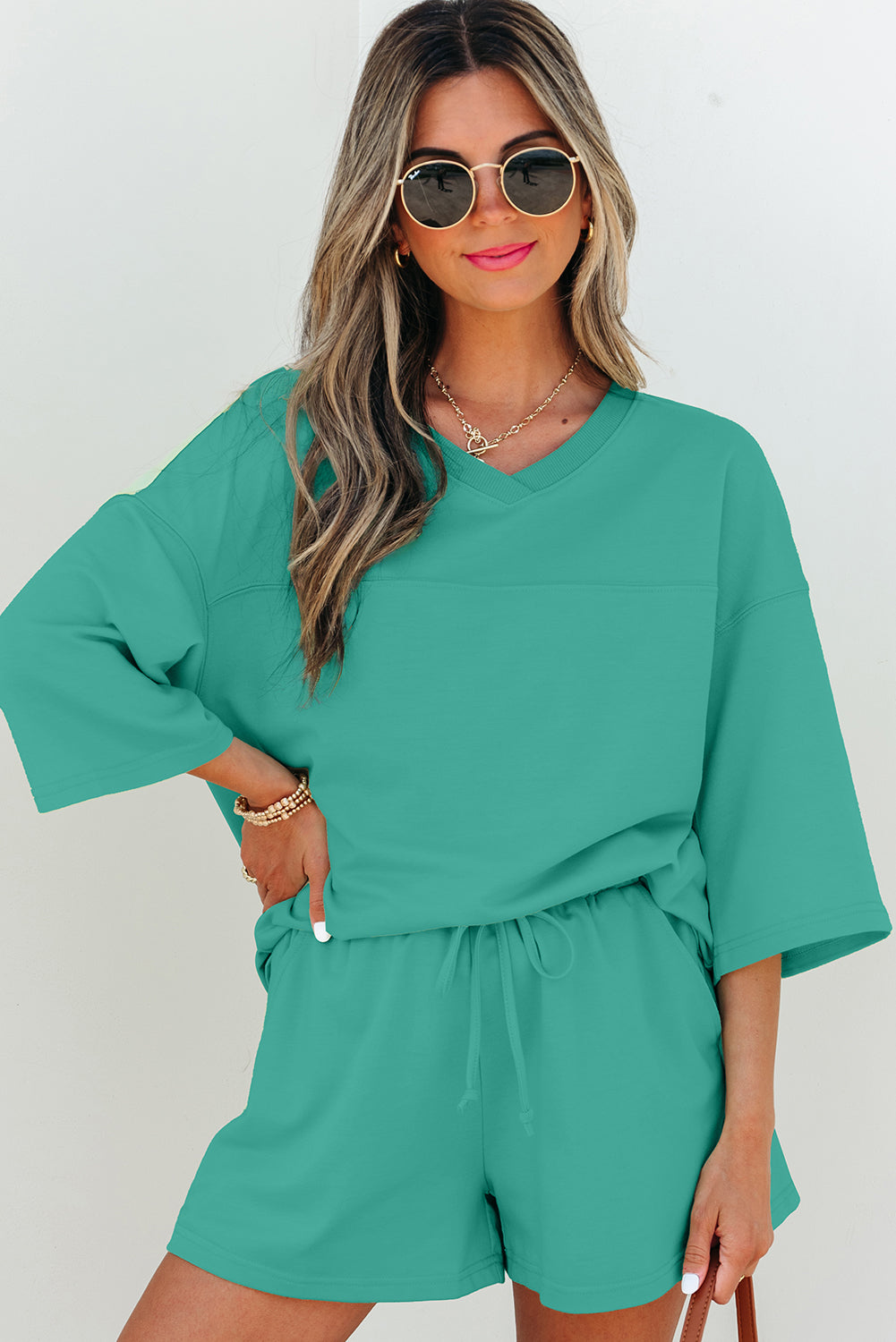 Women's Meadow Mist Green Solid V-Neck Half Sleeve Tee and Shorts Set