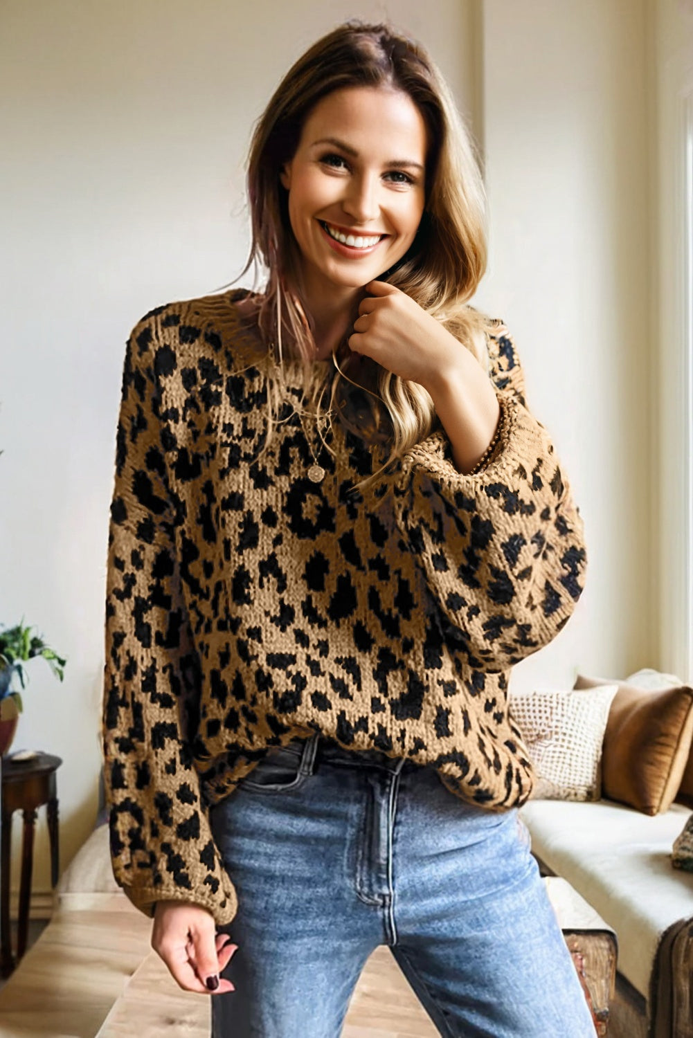 Light French Beige Ribbed Trim Round Neck Leopard Drop Shoulder Sweater
