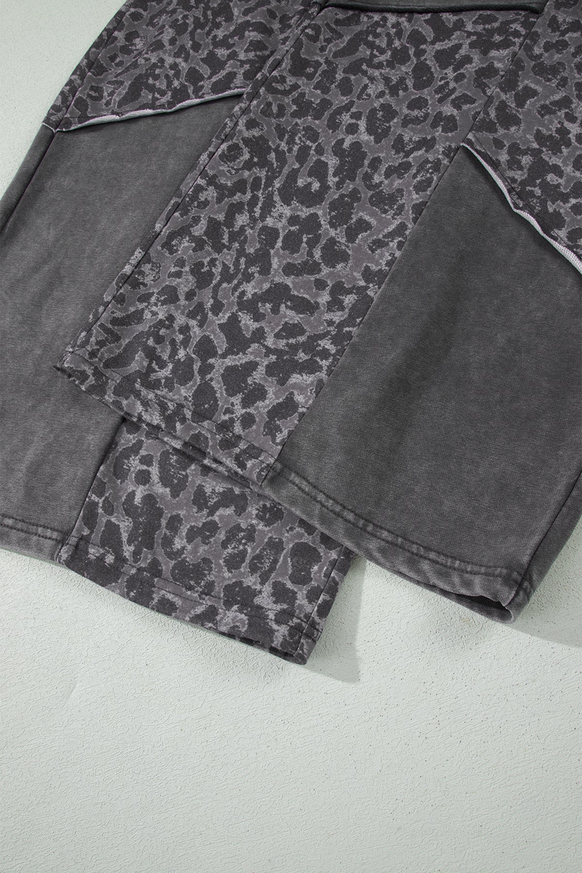 Dark Grey Plus Size Leopard Patchwork Mineral-Wash Wide-Leg Pants