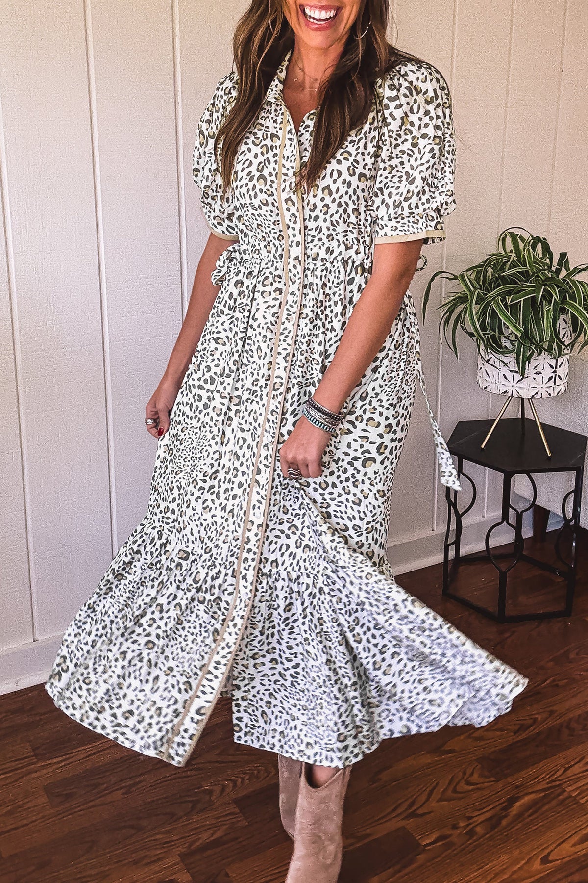 White Leopard Button Front Short Puff Sleeve Long Dress