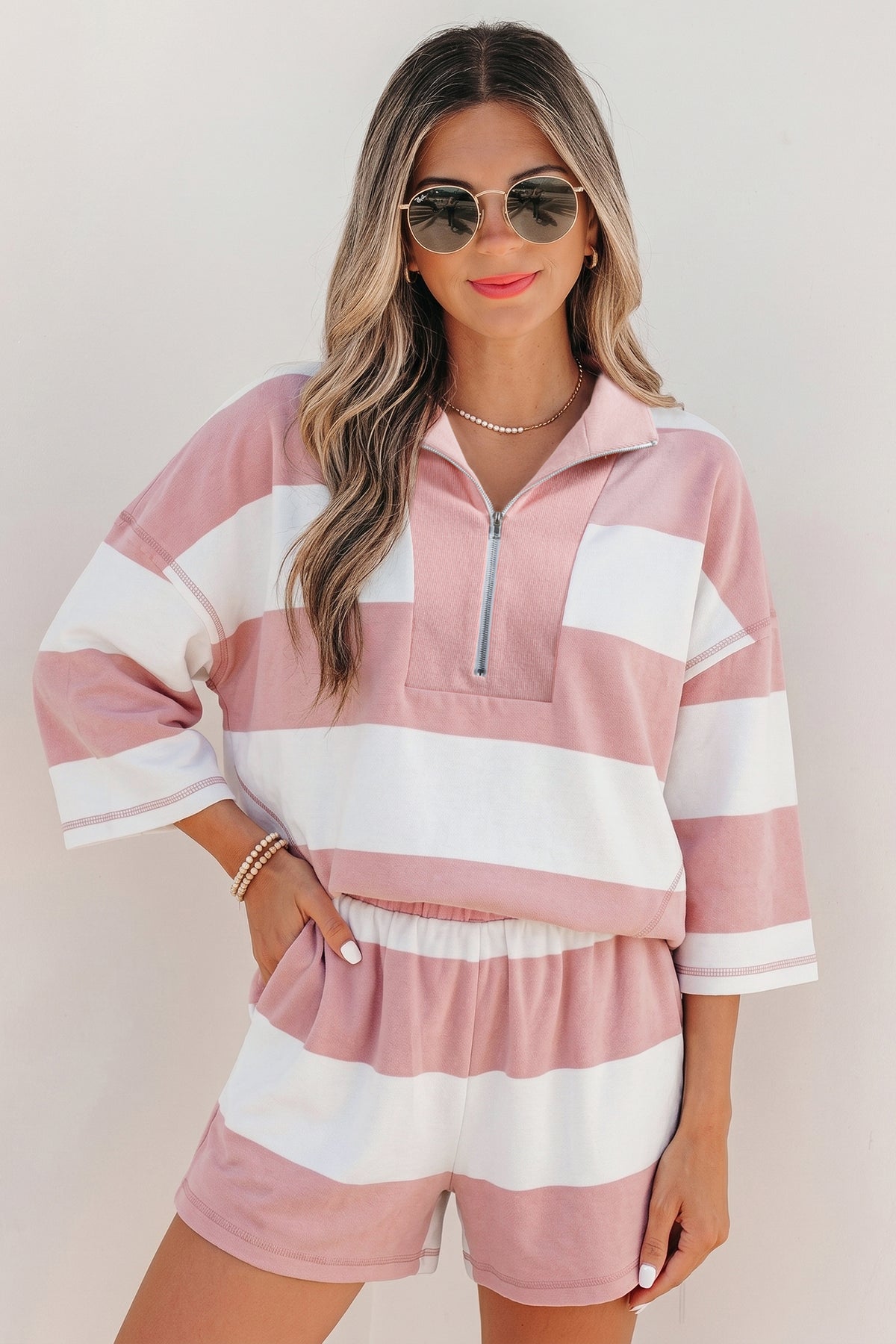 Women's Pink Stripe Half Zip Bracelet Sleeve Top Casual Shorts Set