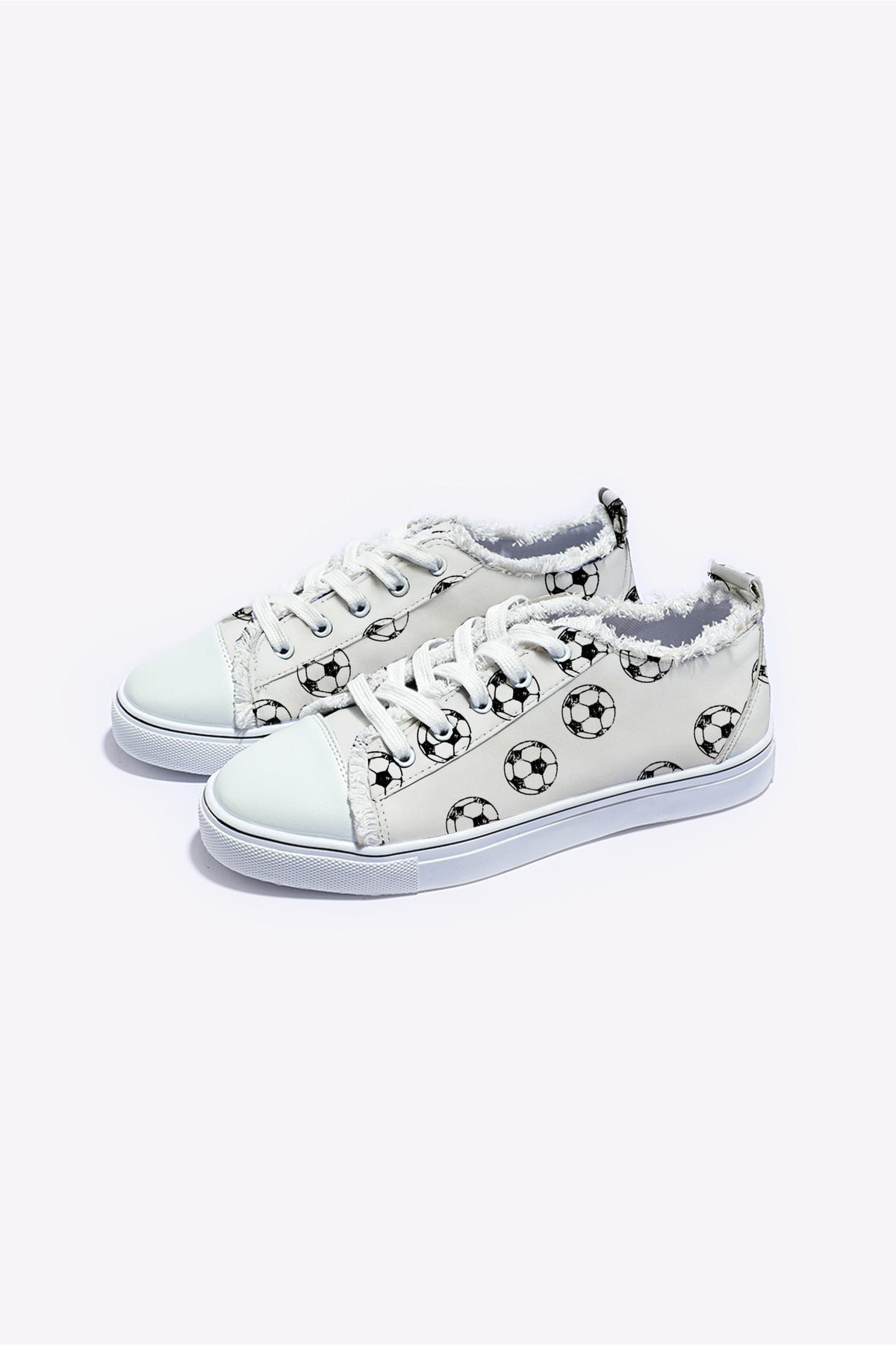 White Soccer Football Print Frayed Canvas Lace-up Sneakers
