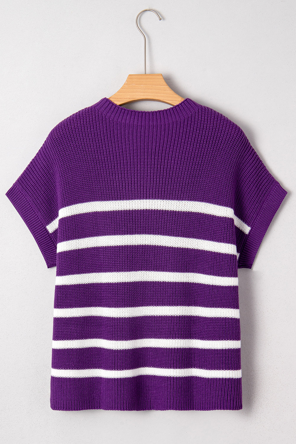 Purple Stripe Raw Edge Patched Pocket Short Sleeve Knit Sweater