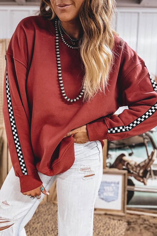 Mineral Red Checkered Trim Long Sleeve Shift Sweatshirt