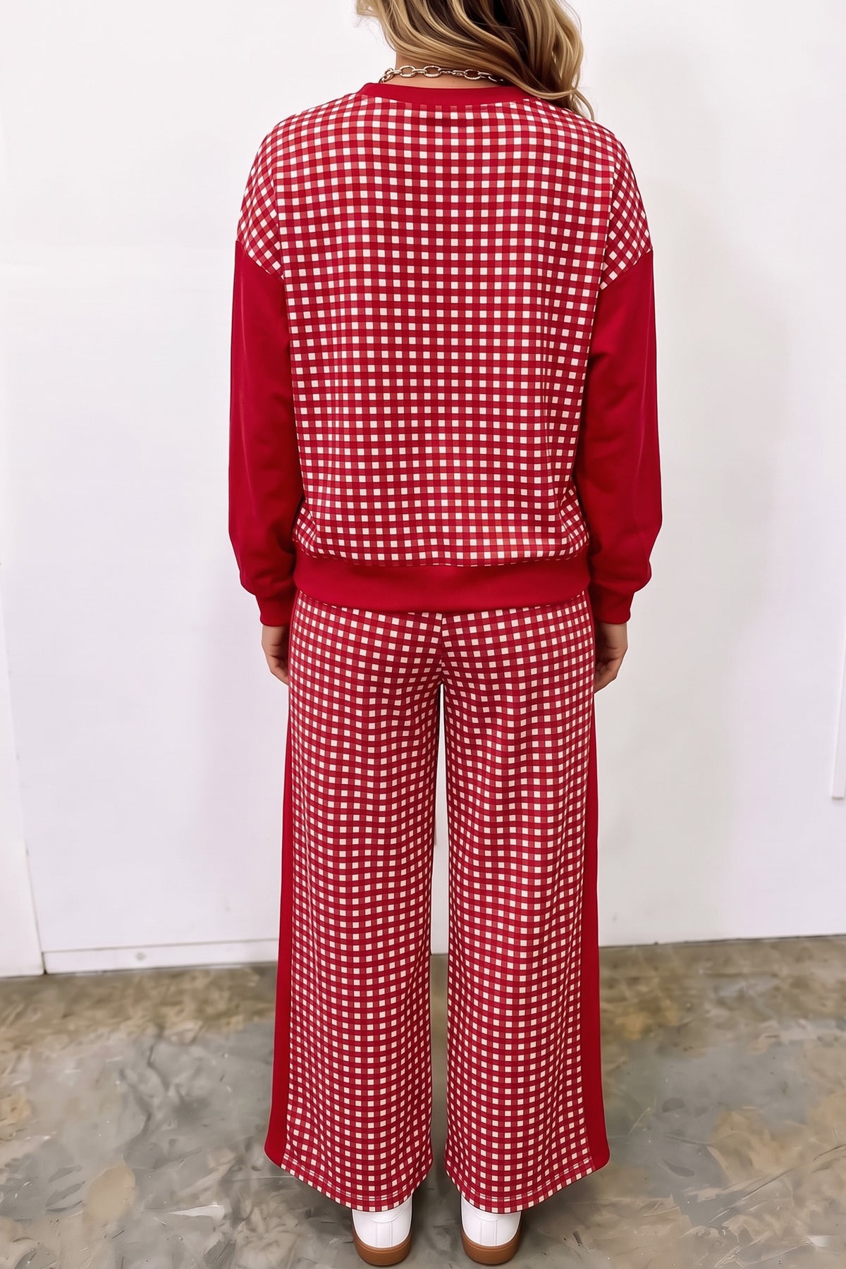 Women's Red Color Block Plaid Patchwork Long-Sleeve Pullover Wide-Leg Pants Set