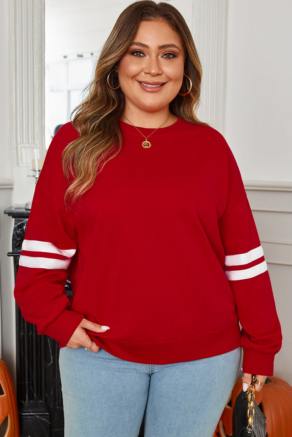 Light Grey Varsity Striped Detail Crew Neck Plus Sweatshirt