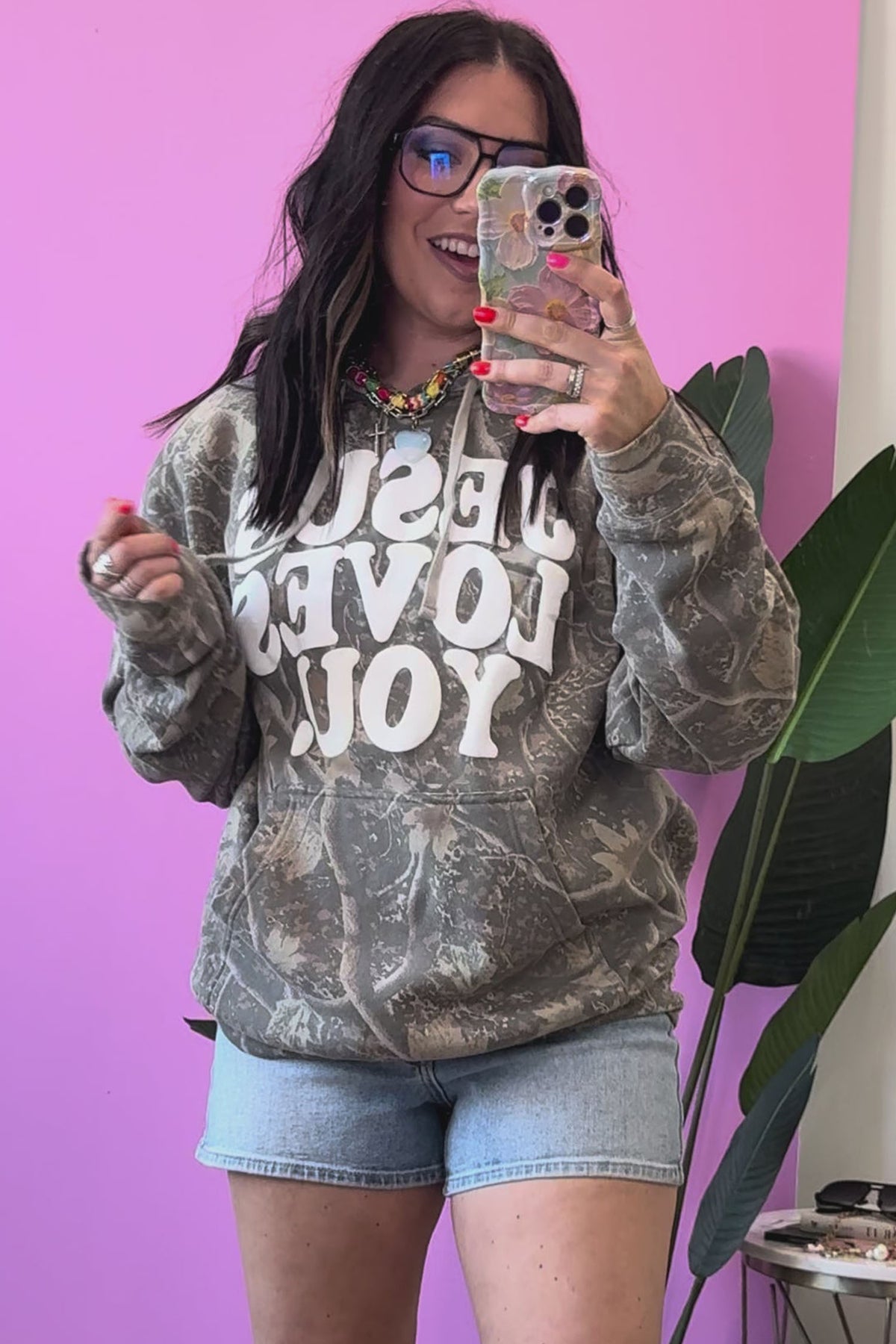 Brown Retro Camouflage Jesus Loves You Print Hoodie