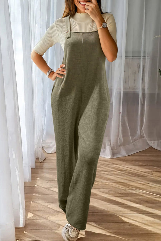 Laurel Green Solid Knit Loose Straight Leg Casual Overall Jumpsuit