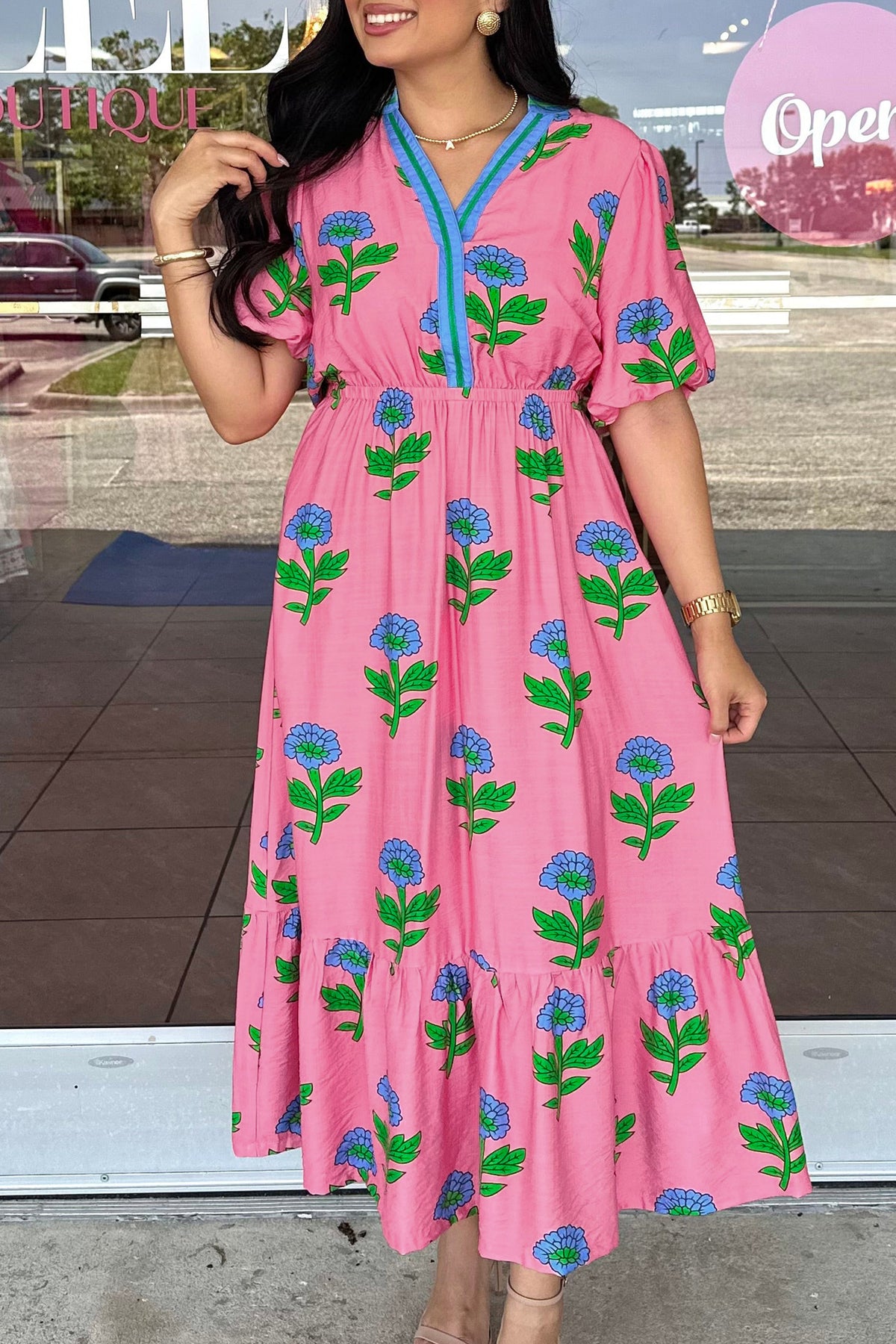 Pink Plus Size Striped V-Neck Ruffled Floral Long Dress