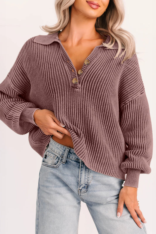 Dark Brown Mineral Washed Knit Button Polo Collar Loose Sweater