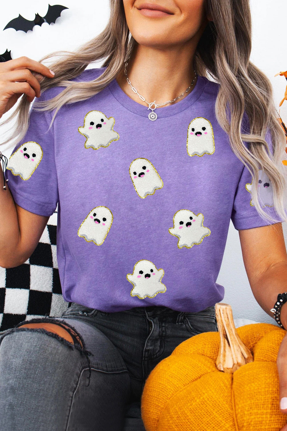Wisteria Glitter Trim Chenille Ghost Patched Halloween Graphic Tee