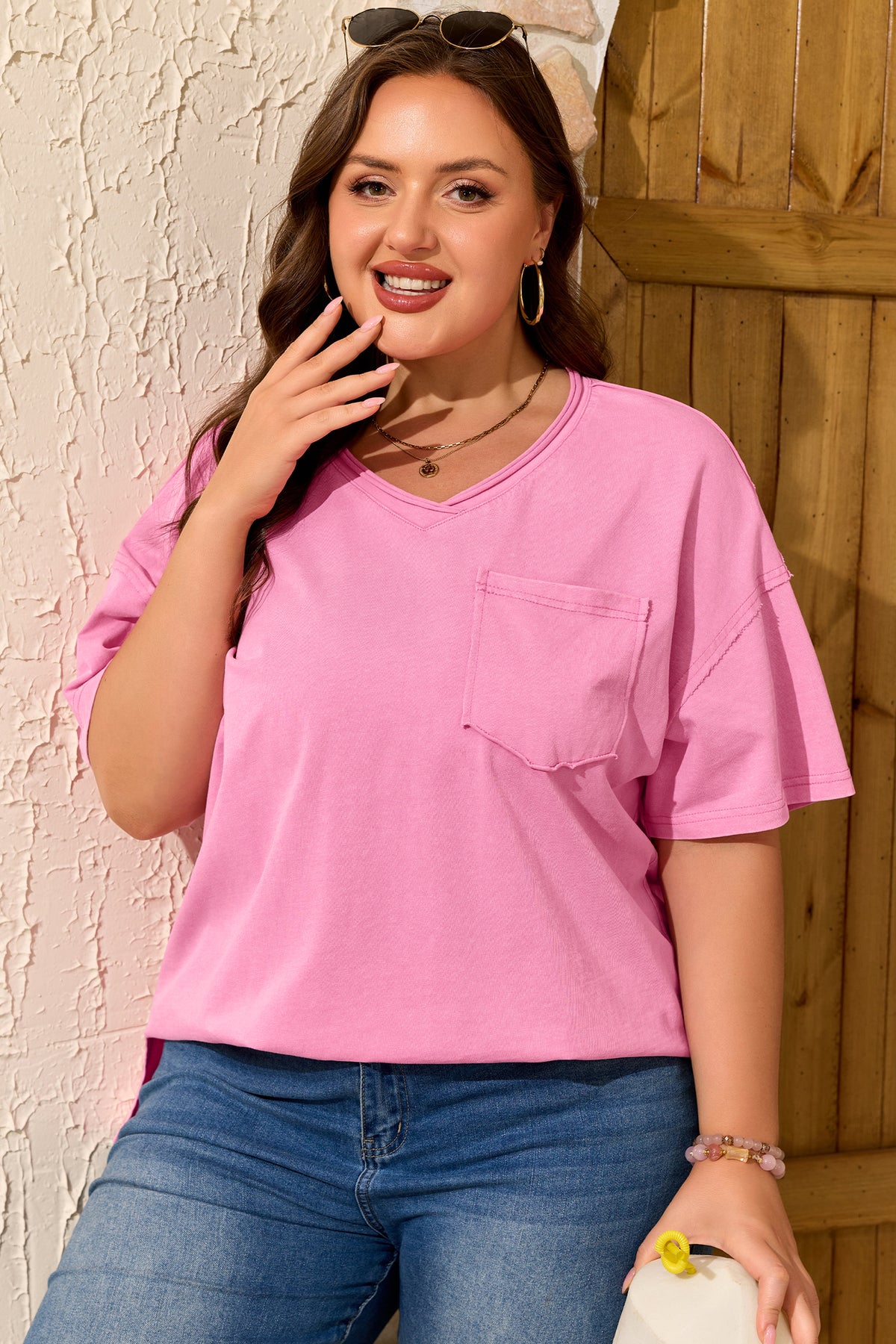 Sachet Pink Plus Size Mineral Wash Raw Edge Round-Neck Tee