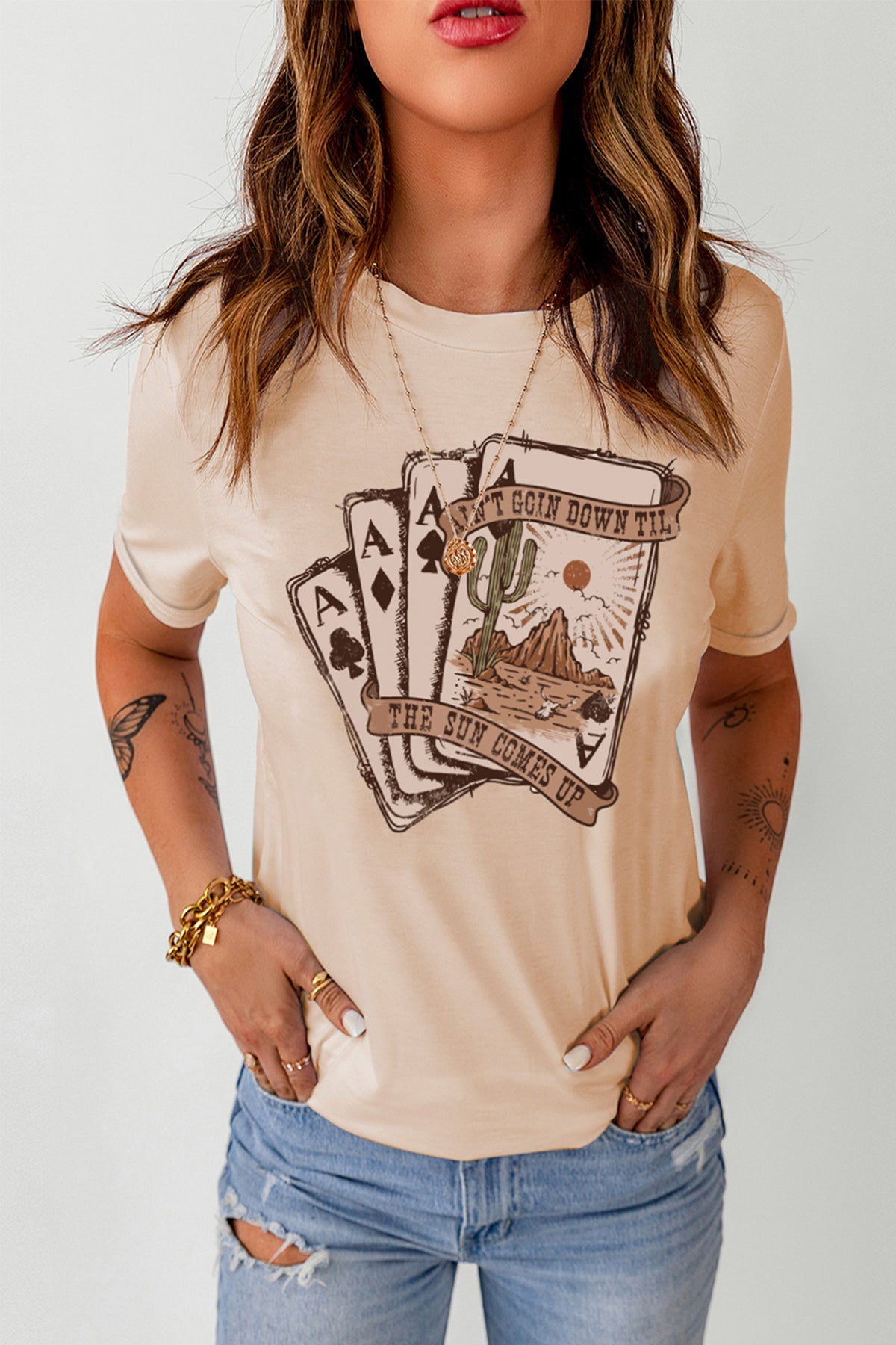 Khaki Western Poker Cards Graphic T-Shirt