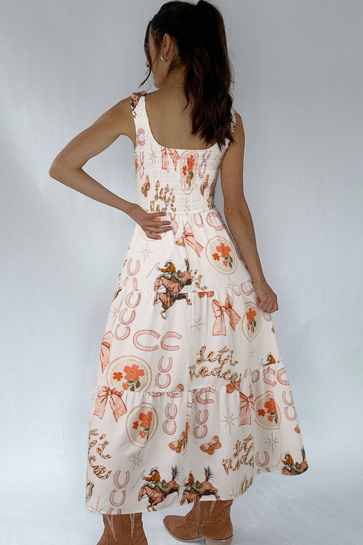 White Western Horseshoe Print U Neck Sleeveless Midi Dress