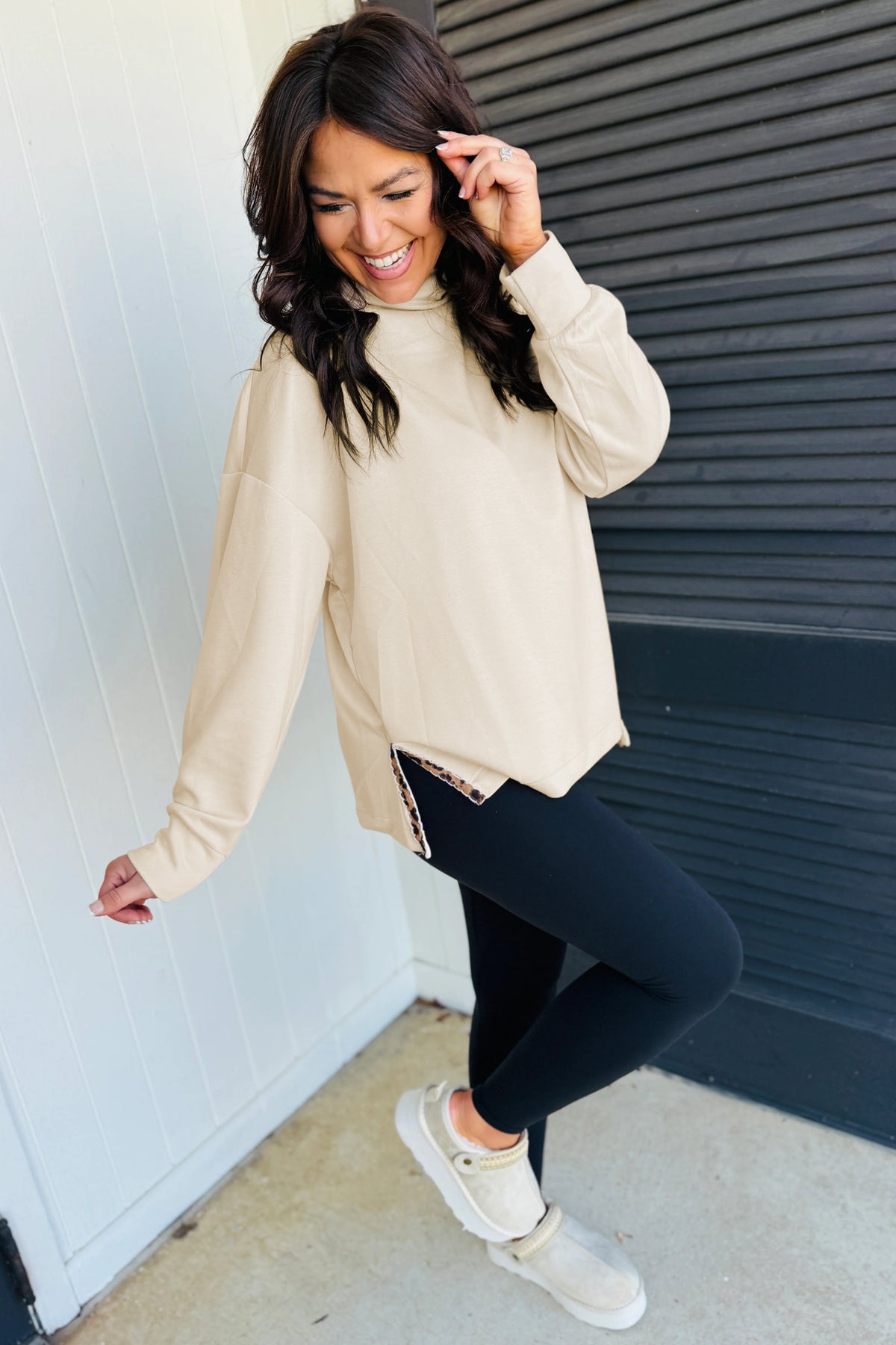 Beige Mock Neck Long Sleeve Leopard Split Hem Top