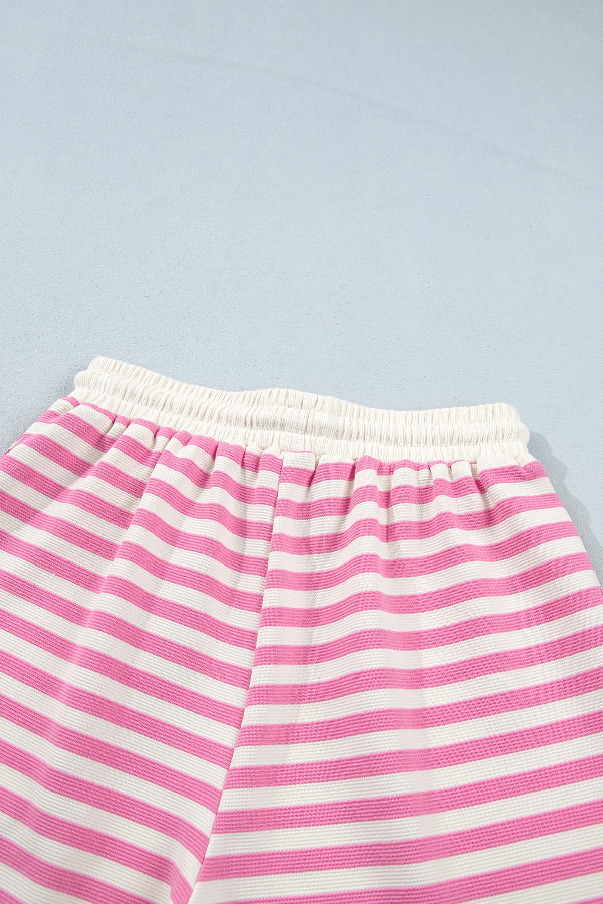 Women's Pink Striped Long-Sleeve Crewneck Drawstring Waist Shorts Set