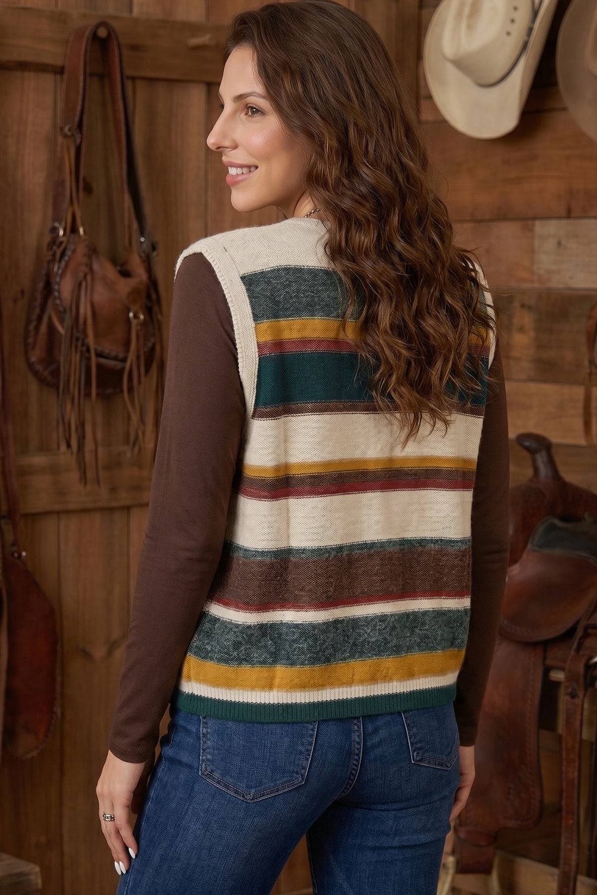 Multicolour Striped Button Front Sleeveless Knit Sweater Vest
