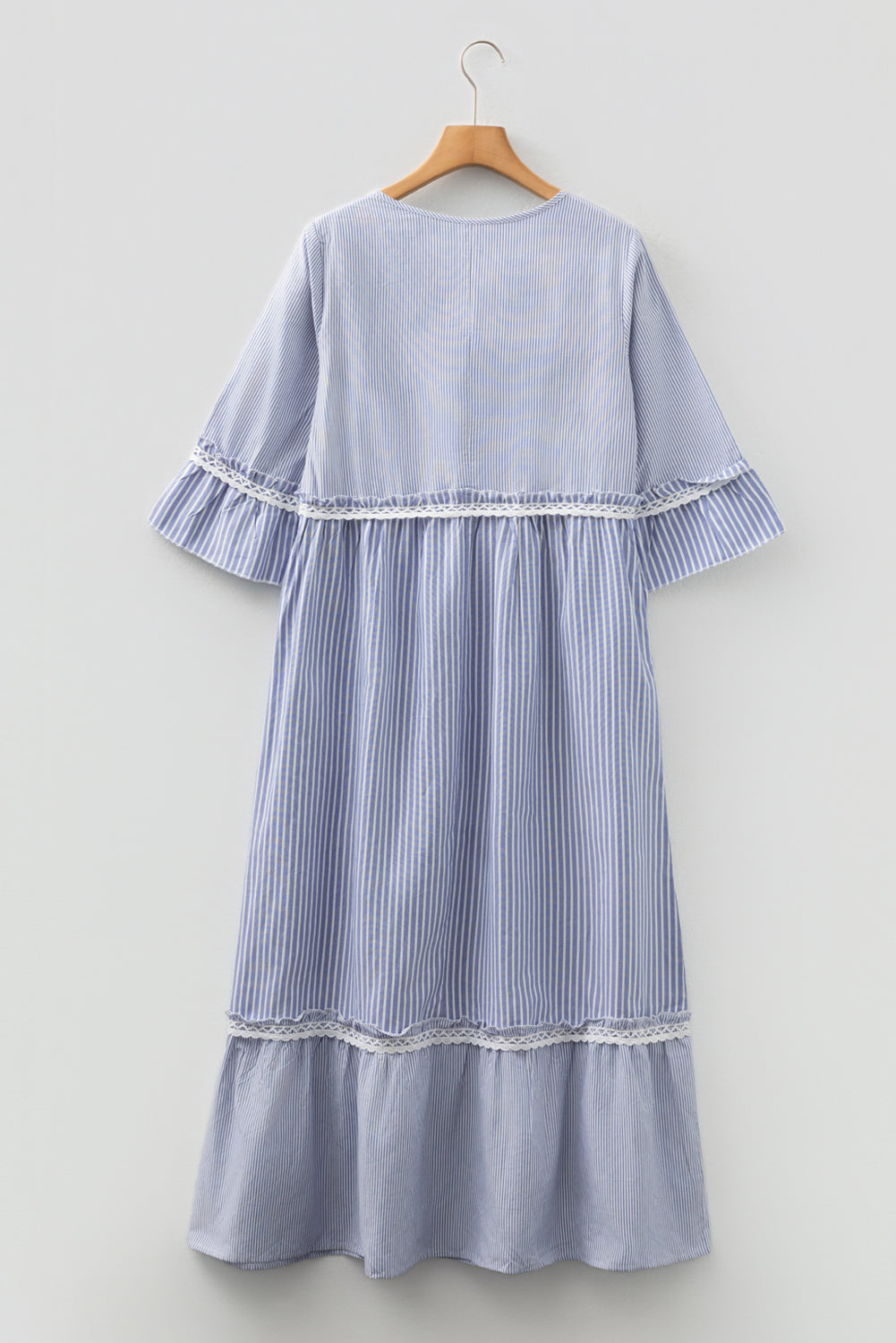 Sky Blue Stripe Patchwork Crossed Lace Bracelet Sleeve Maxi Dress