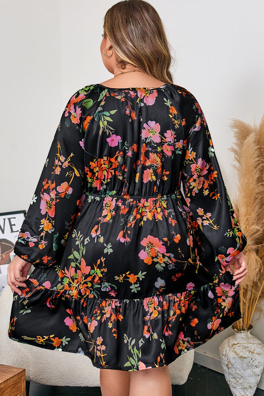 Black Floral Tie-Neck Plus Size Mini Dress