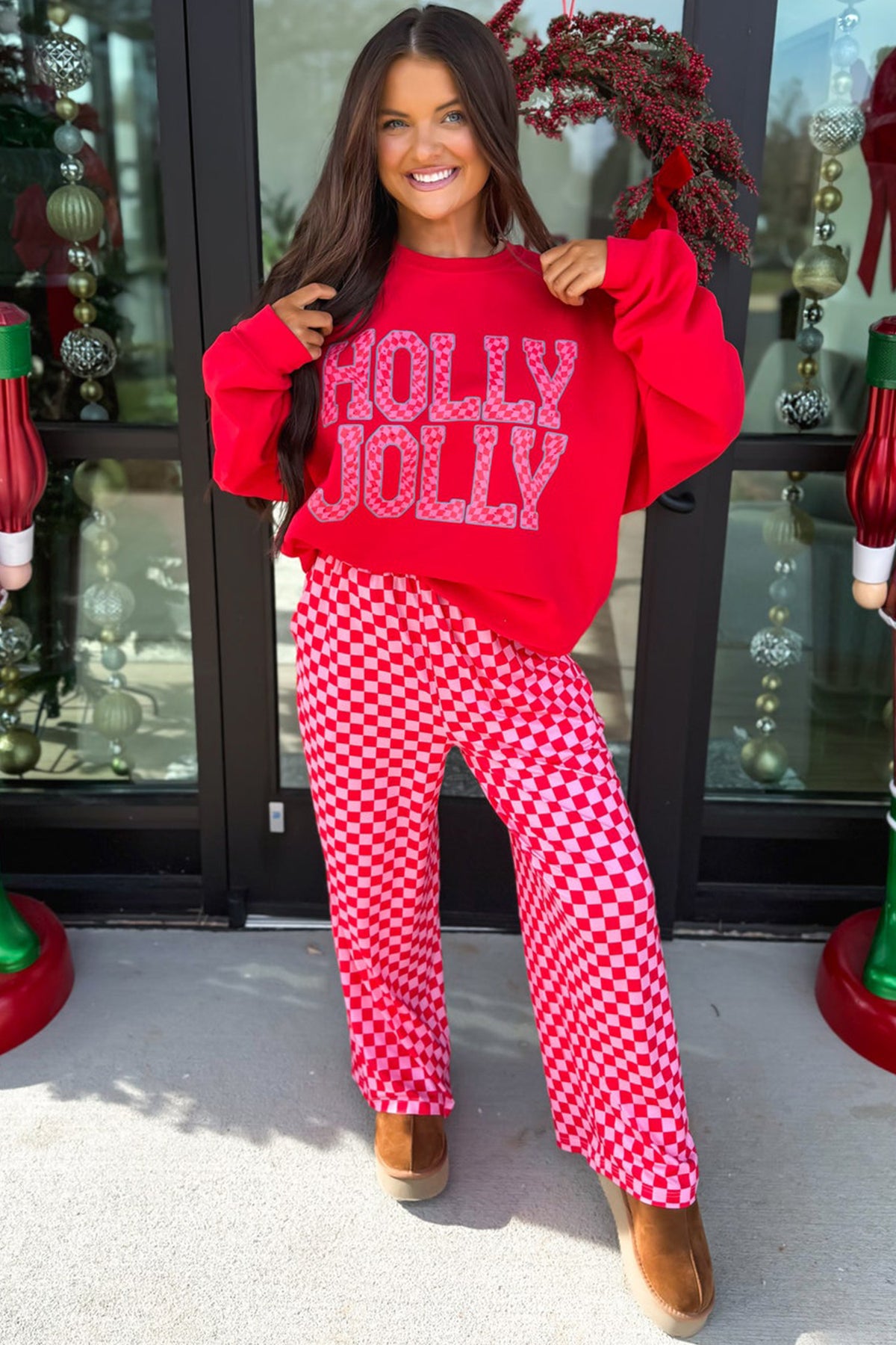 Women's Pink Christmas Slogan Graphic Plaid Contrast Two-piece Pants Set