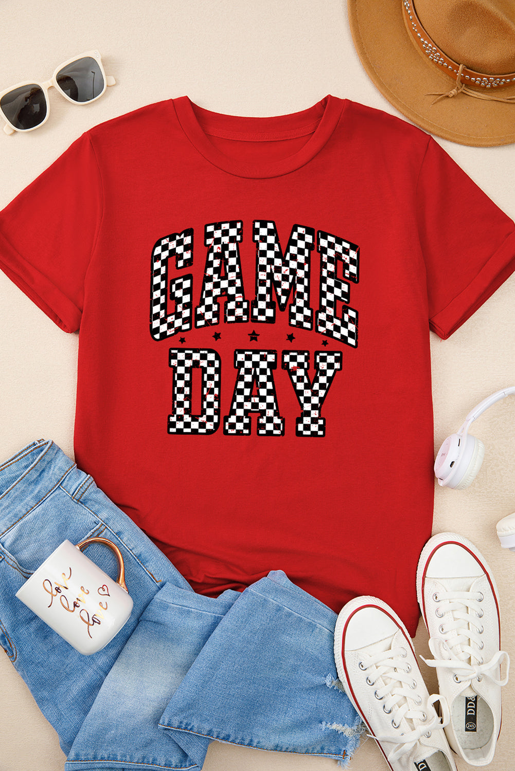 Red Checkered Game Day Graphic T-Shirt