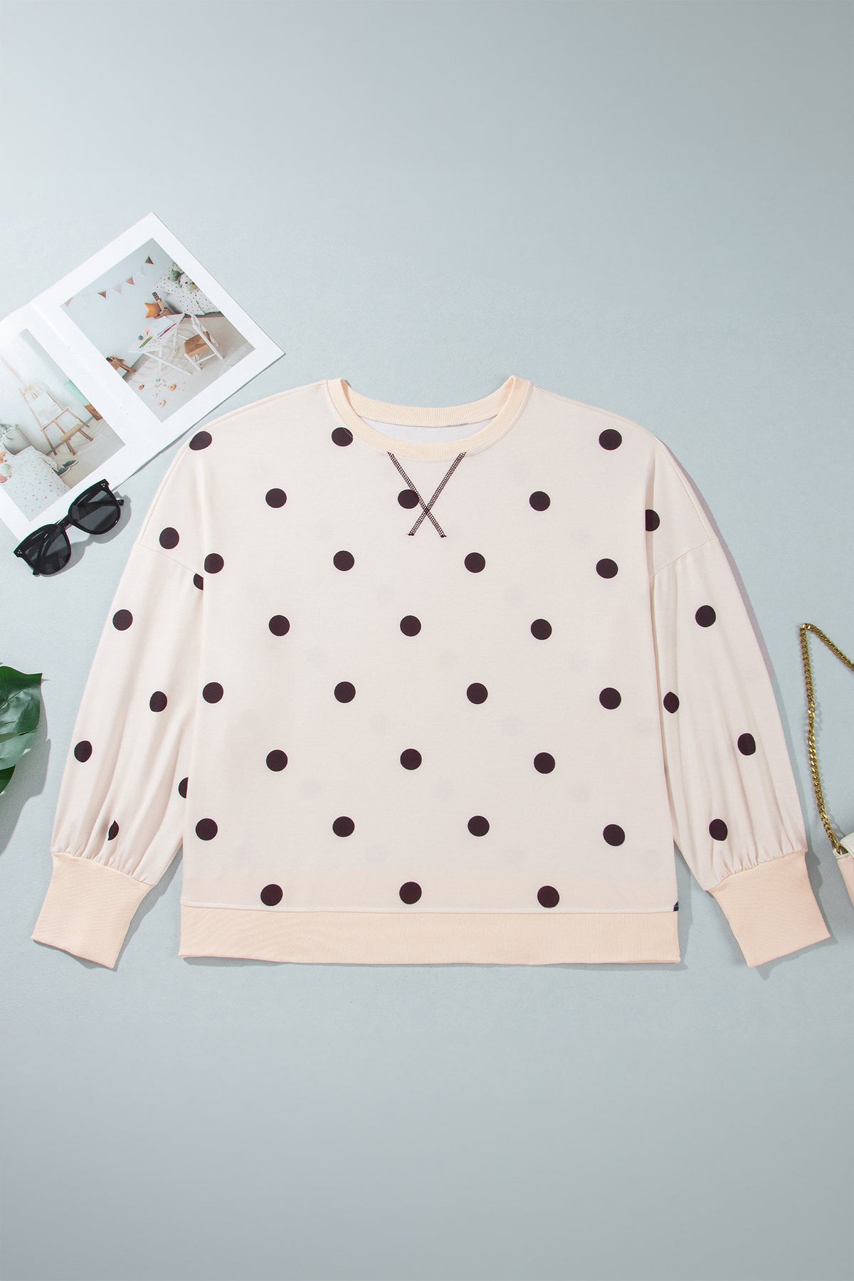 Yellow Round-Neck Long-Sleeve Polka Dot Plus Size Top