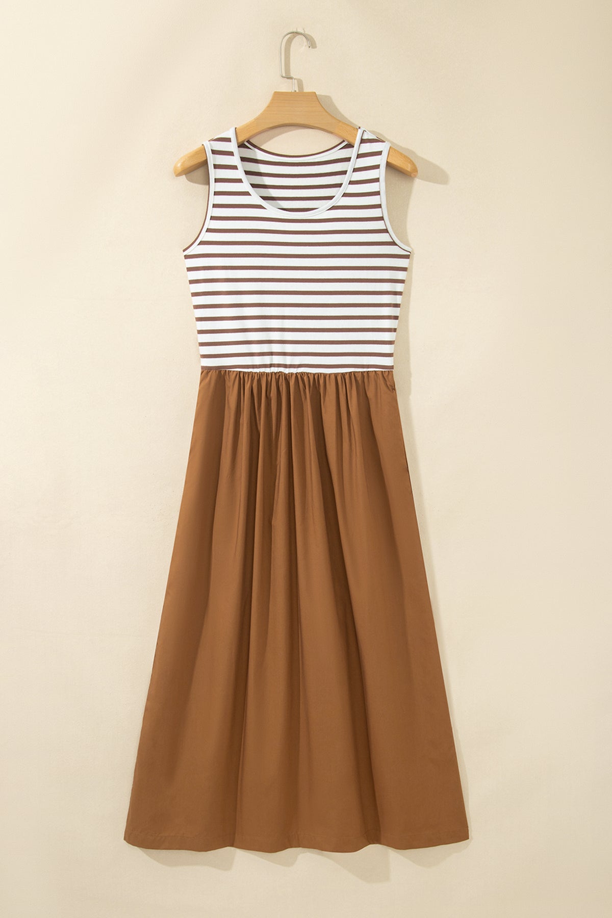 Chestnut Striped Colorblock Patchwork Sleeveless Long Dress