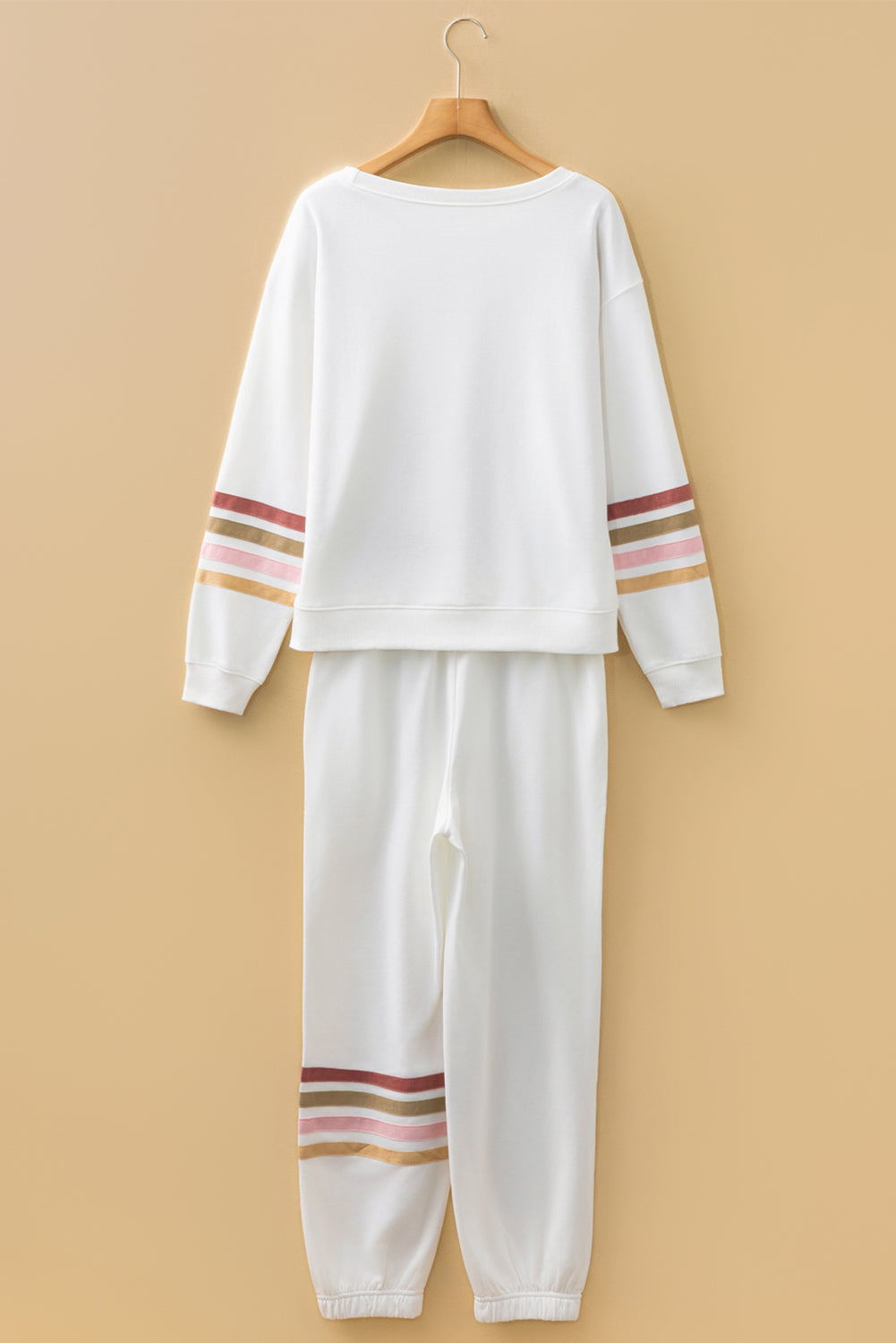 Women's Beige Striped Drop Shoulder Round Neck Pullover and Jogger Pants Active Outfit Set