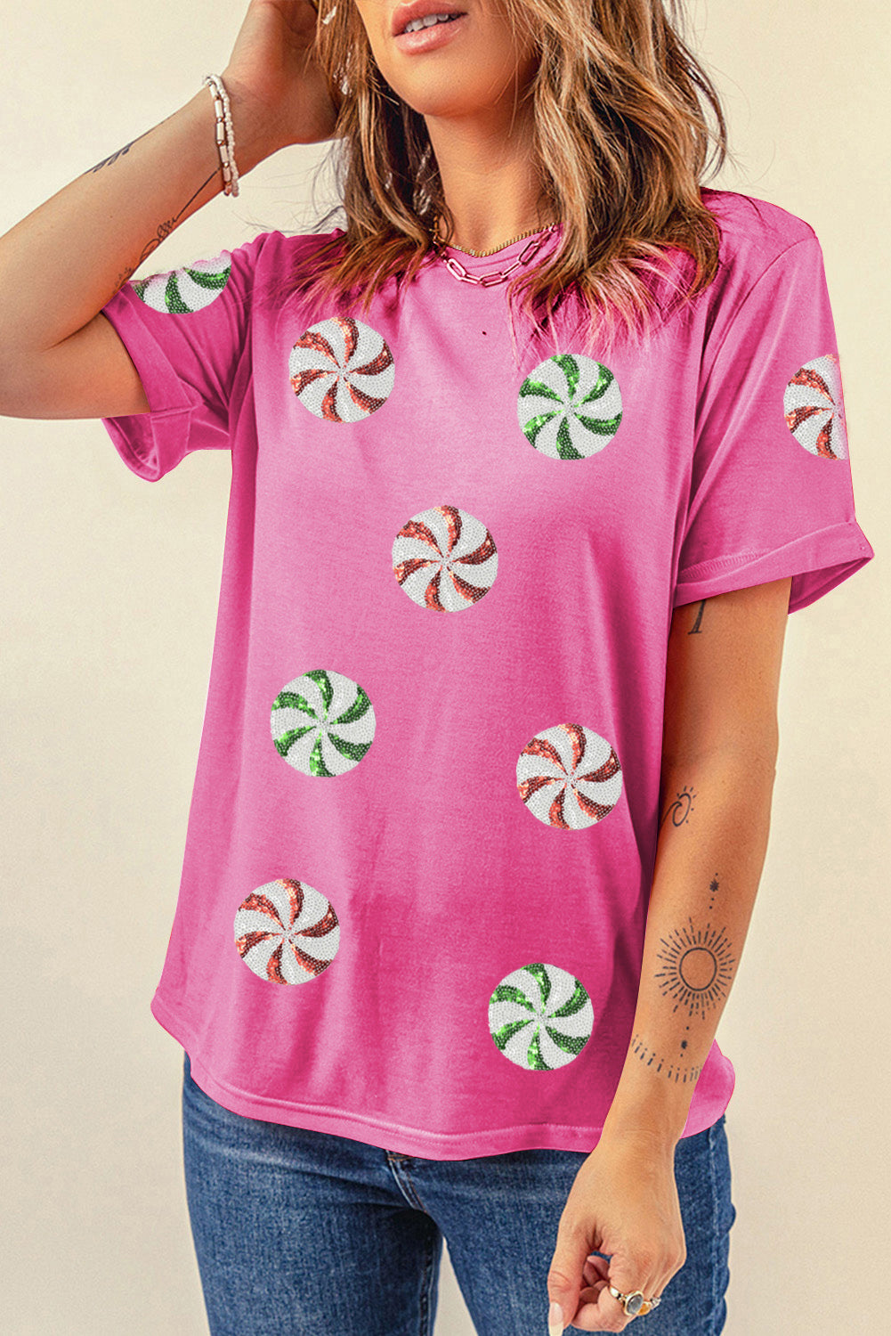 Sachet Pink Sequined Peppermint Pattern Christmas Custom T-Shirt