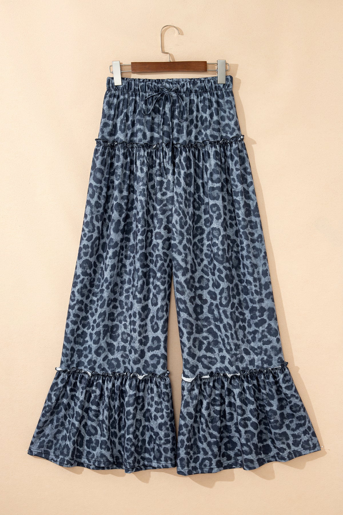 Gray Wild Leopard Print Frilled Drawstring Wide Leg Pants