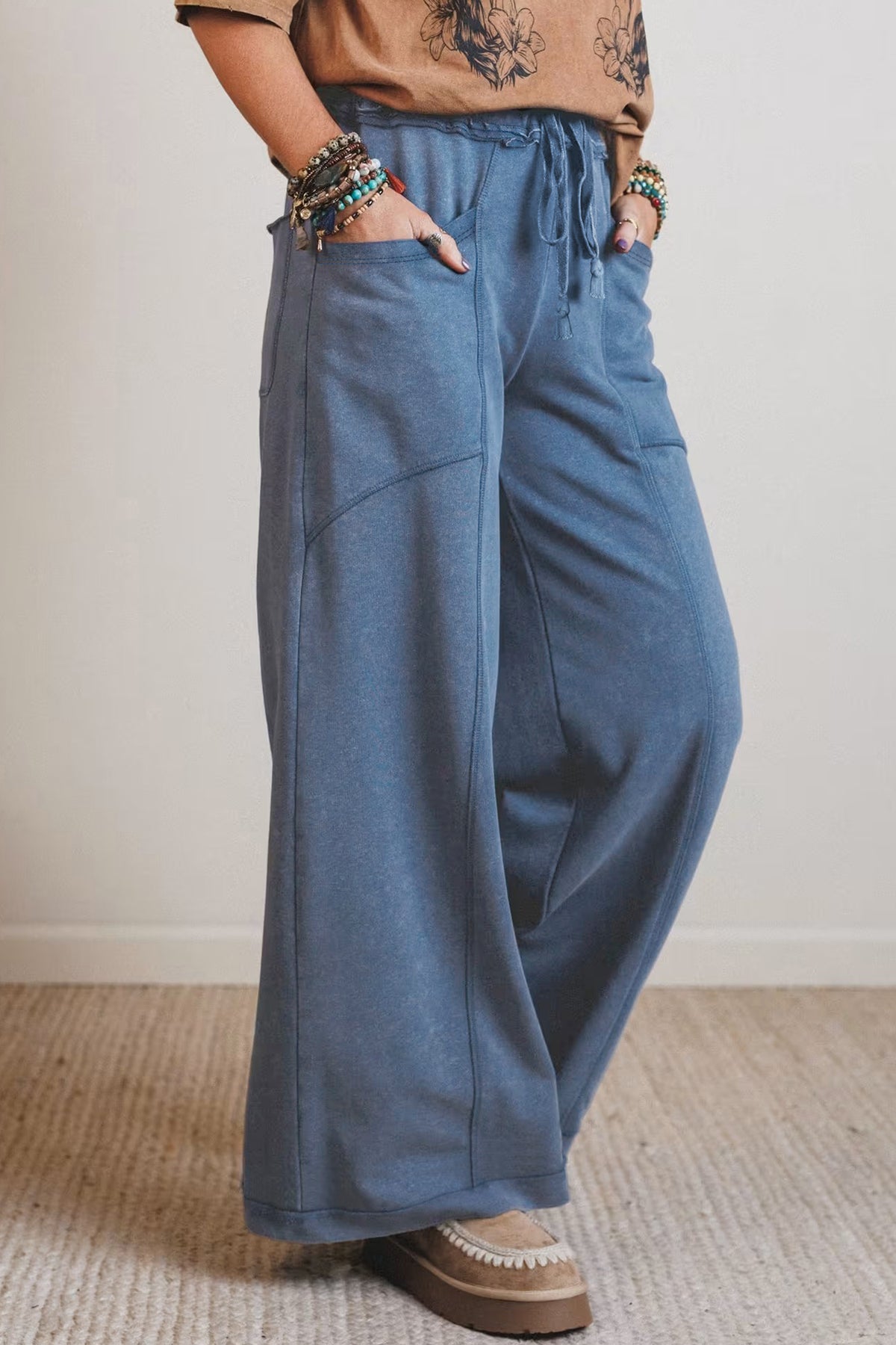 Smoke Gray Mineral Wash Drawstring Retro High Waist Wide Leg Pants