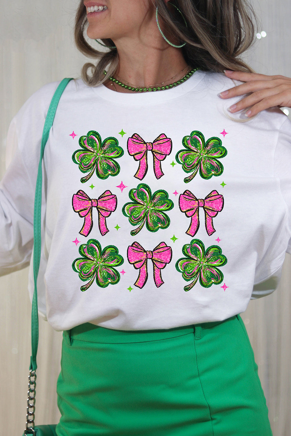 White St Patrick Shamrock Bowknot Printed Crewneck Tee