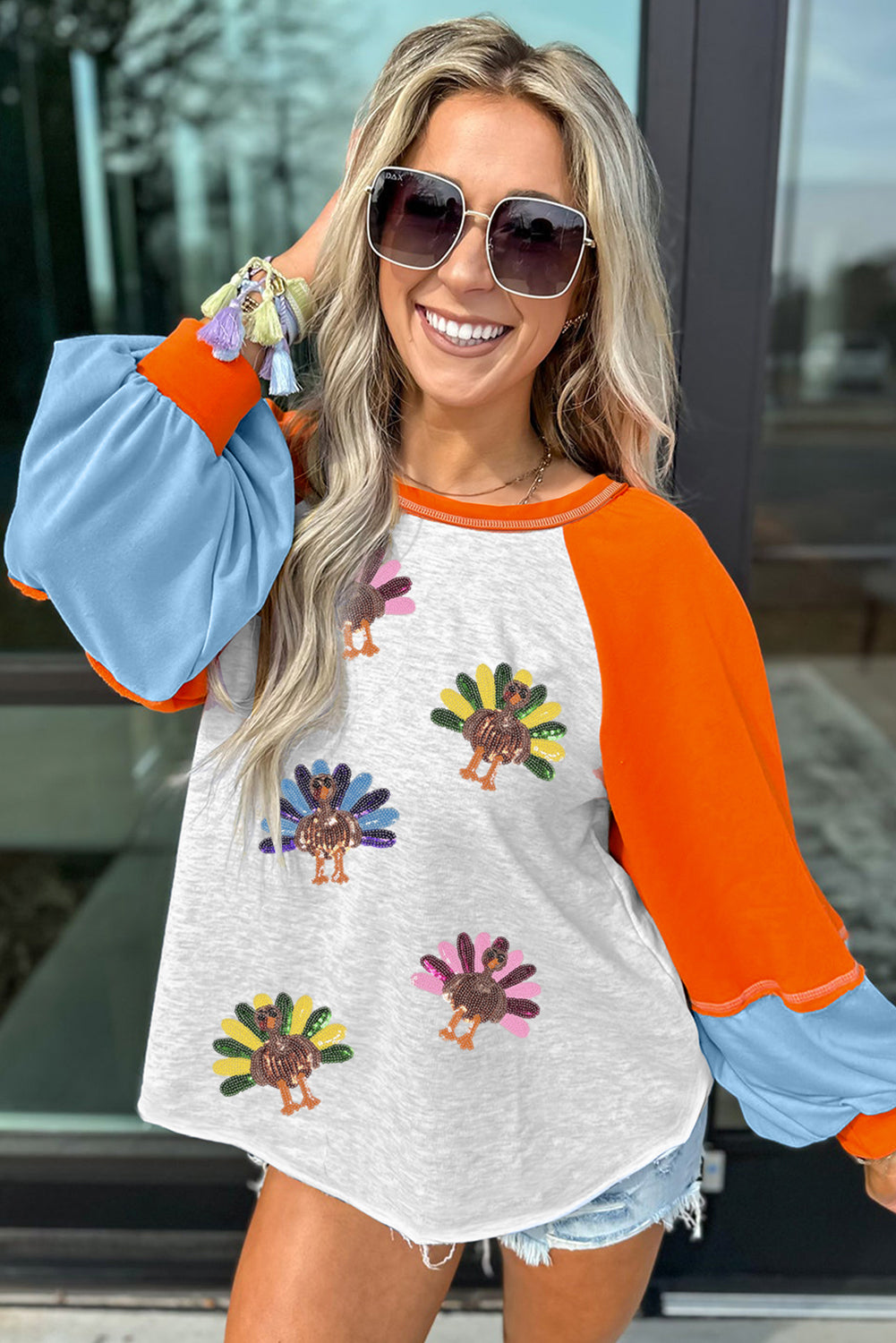 Light Grey Thanksgiving Turkey Sequin Graphic Color Block Long Raglan Sleeve Top